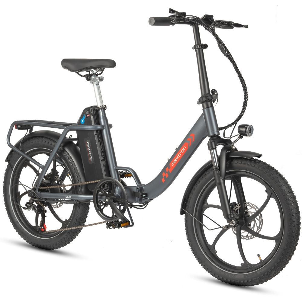 Una bici elettrica pieghevole grigia con pneumatici larghi e portapacchi.