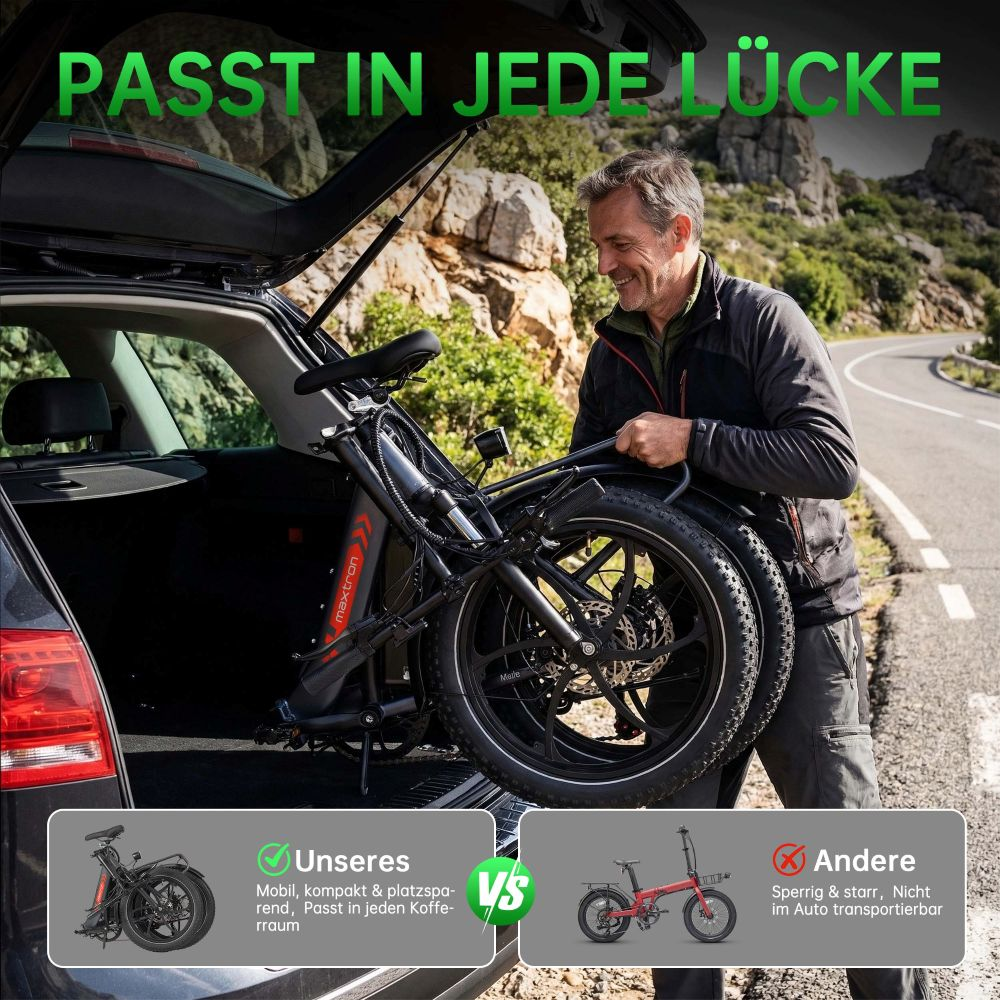 Uomo carica e-bike pieghevole in auto. Sinistra: Il nostro, destra: Altri.