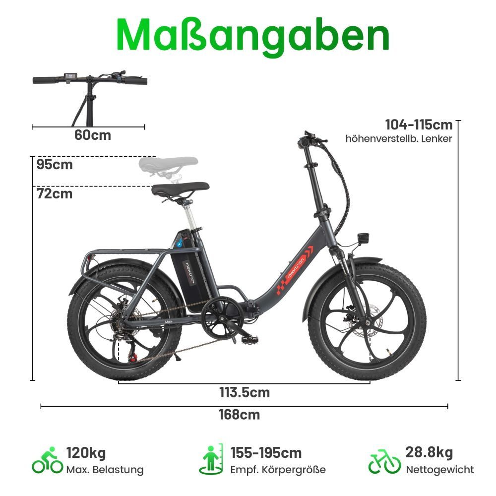 Dimensioni e-bike: Manubrio 104-115cm, Altezza sella 72-95cm, Lunghezza 168cm.