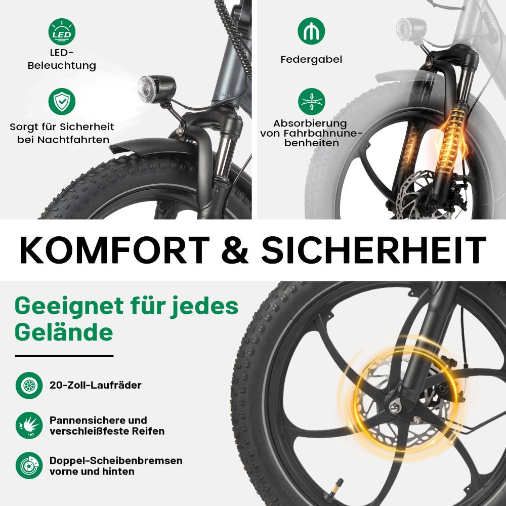 E-bike con illuminazione LED, forcella ammortizzata, ruote da 20 pollici e freni a disco.