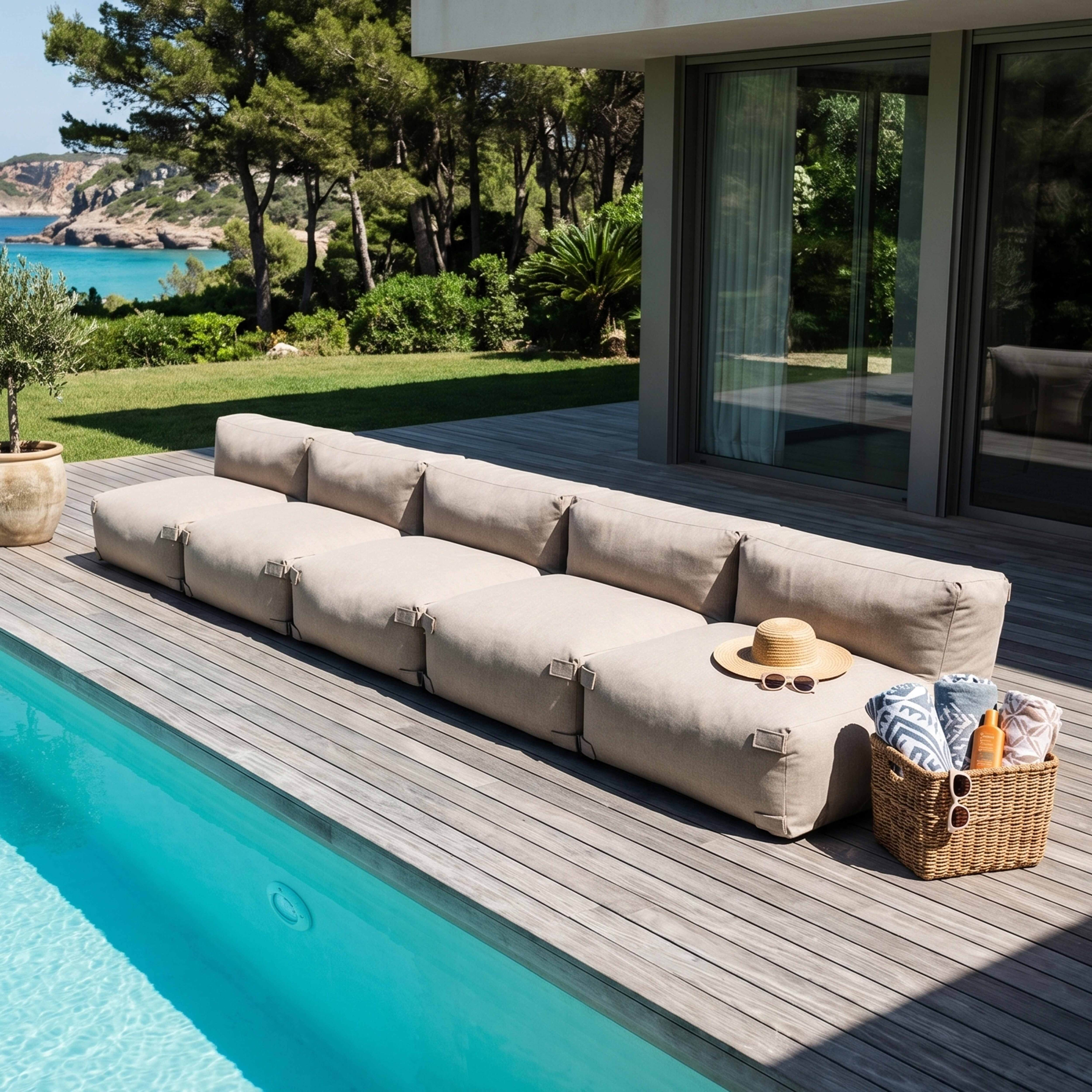 Ein beiger Lounge-Sofa am Pool mit Sonnenschutz, Hut und Sonnenbrille.