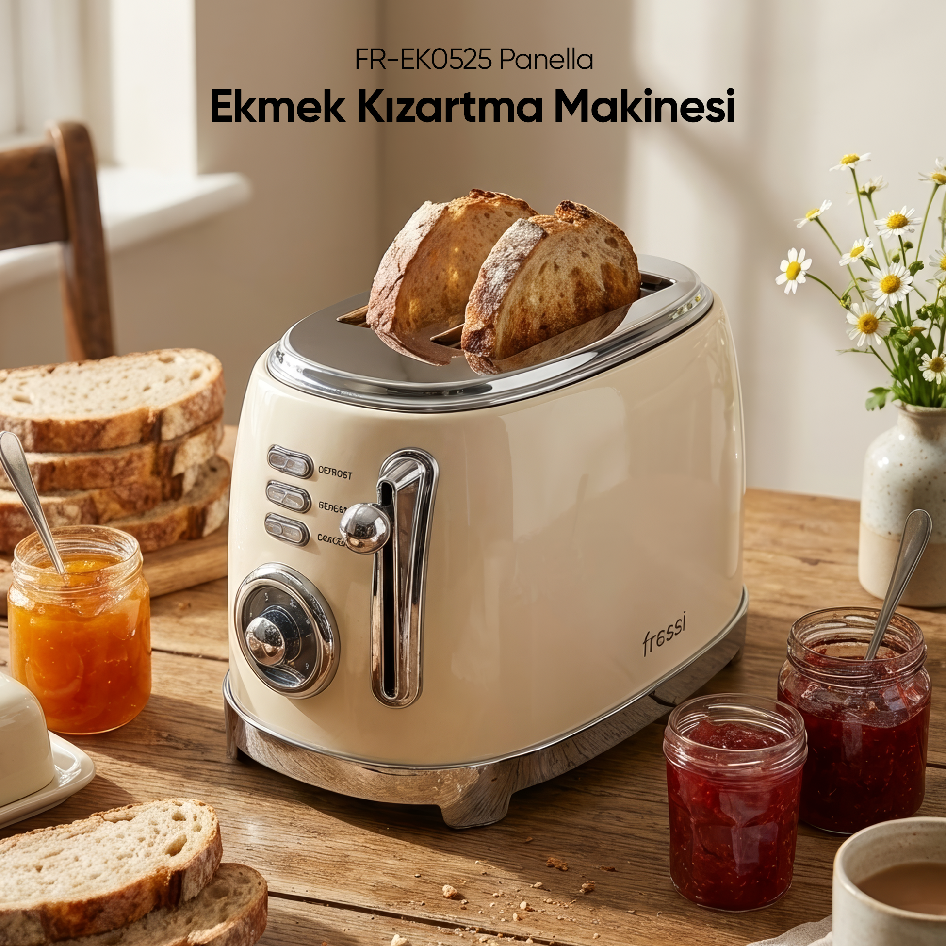 Krem rengi tost makinesi, iki dilim ekmek, reçel kavanozları ve çiçekler.