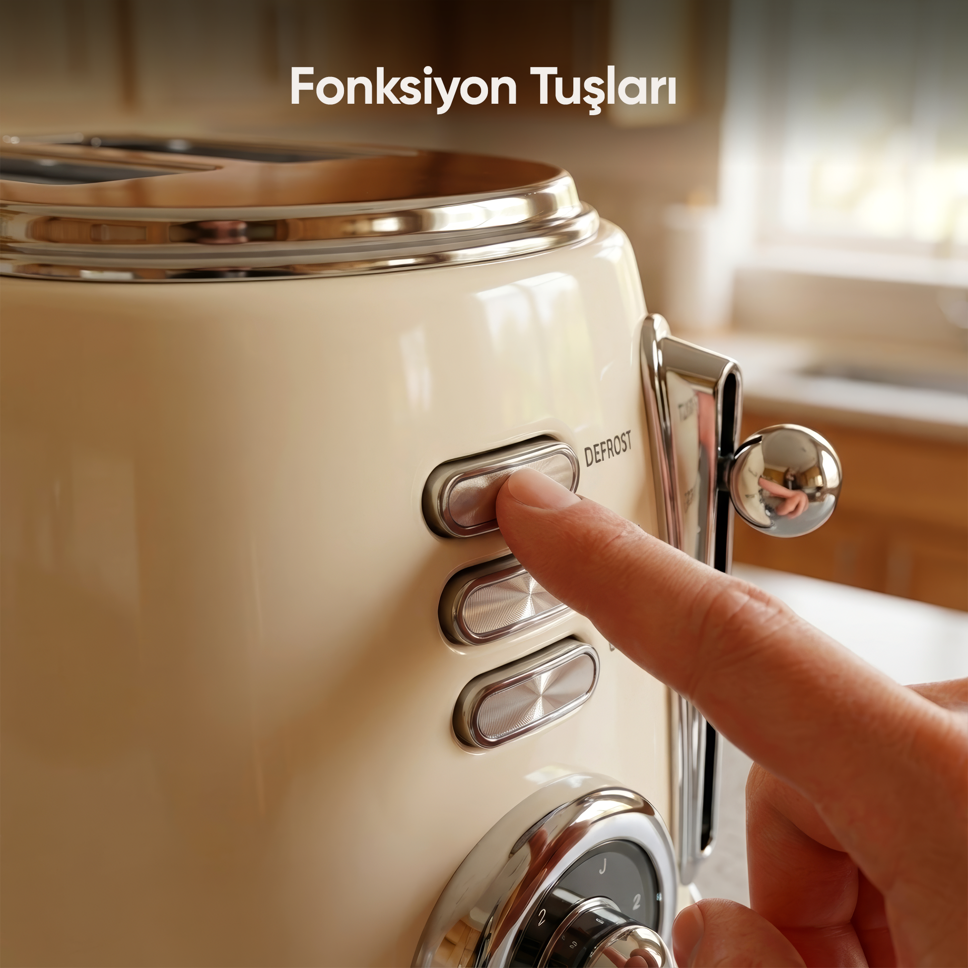 Krem rengi, krom detaylı bir ekmek kızartma makinesinin buz çözme düğmesine bir el basıyor.