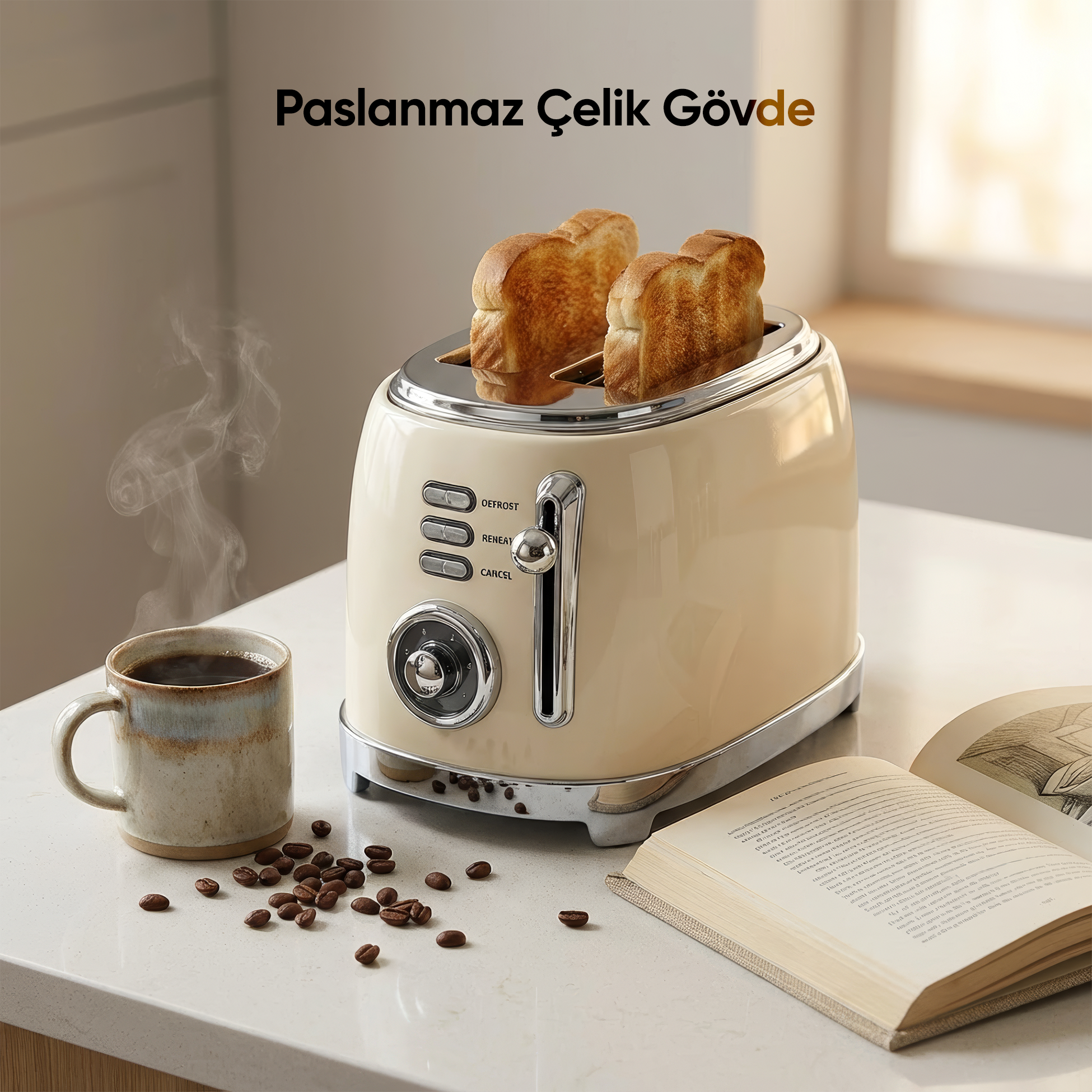 İki dilim kızarmış ekmekli krem rengi tost makinesi, yanında bir fincan kahve ve açık kitap.