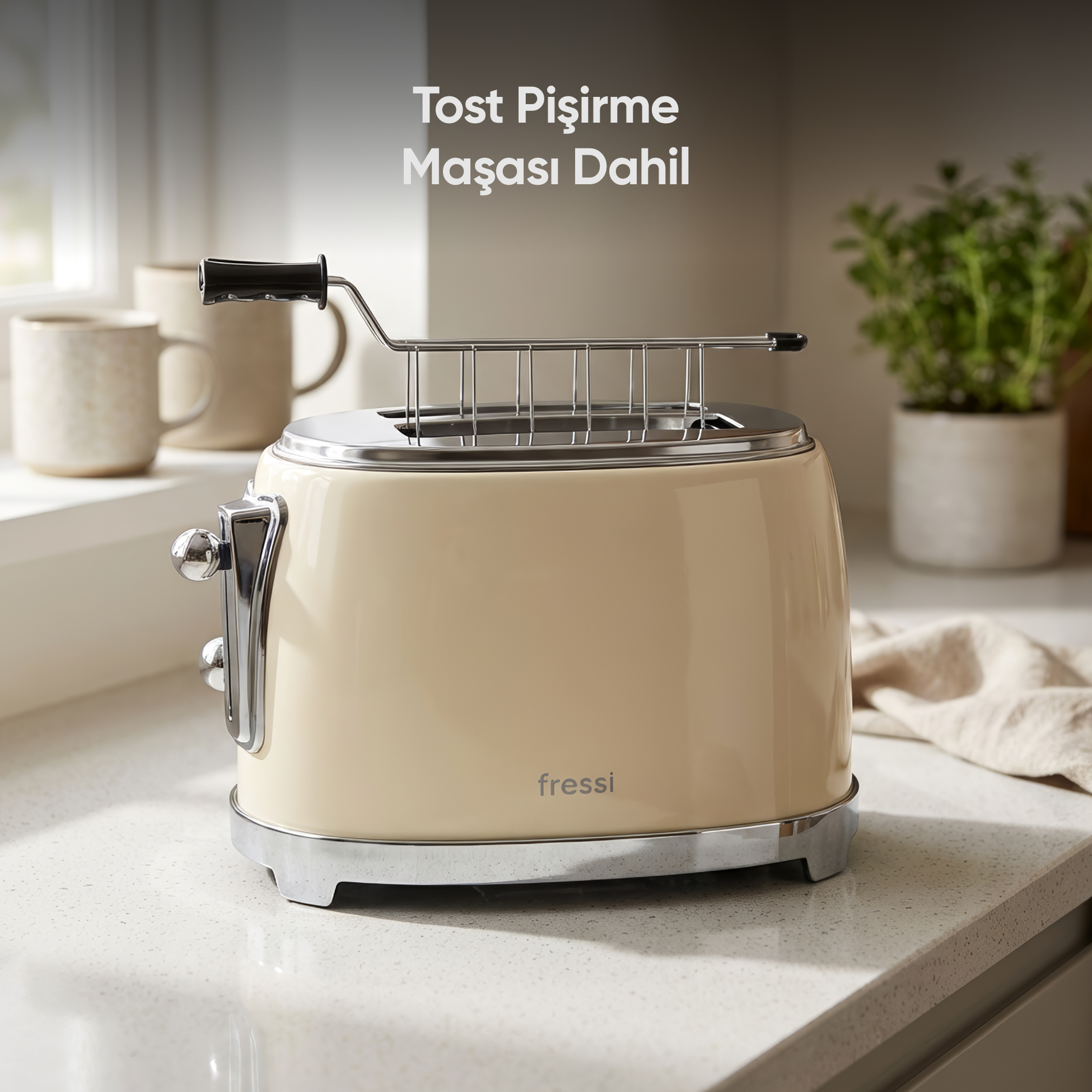 Krem rengi retro tost makinesi, krom detaylı ve ekmek kızartma tepsili, tezgah üstünde.