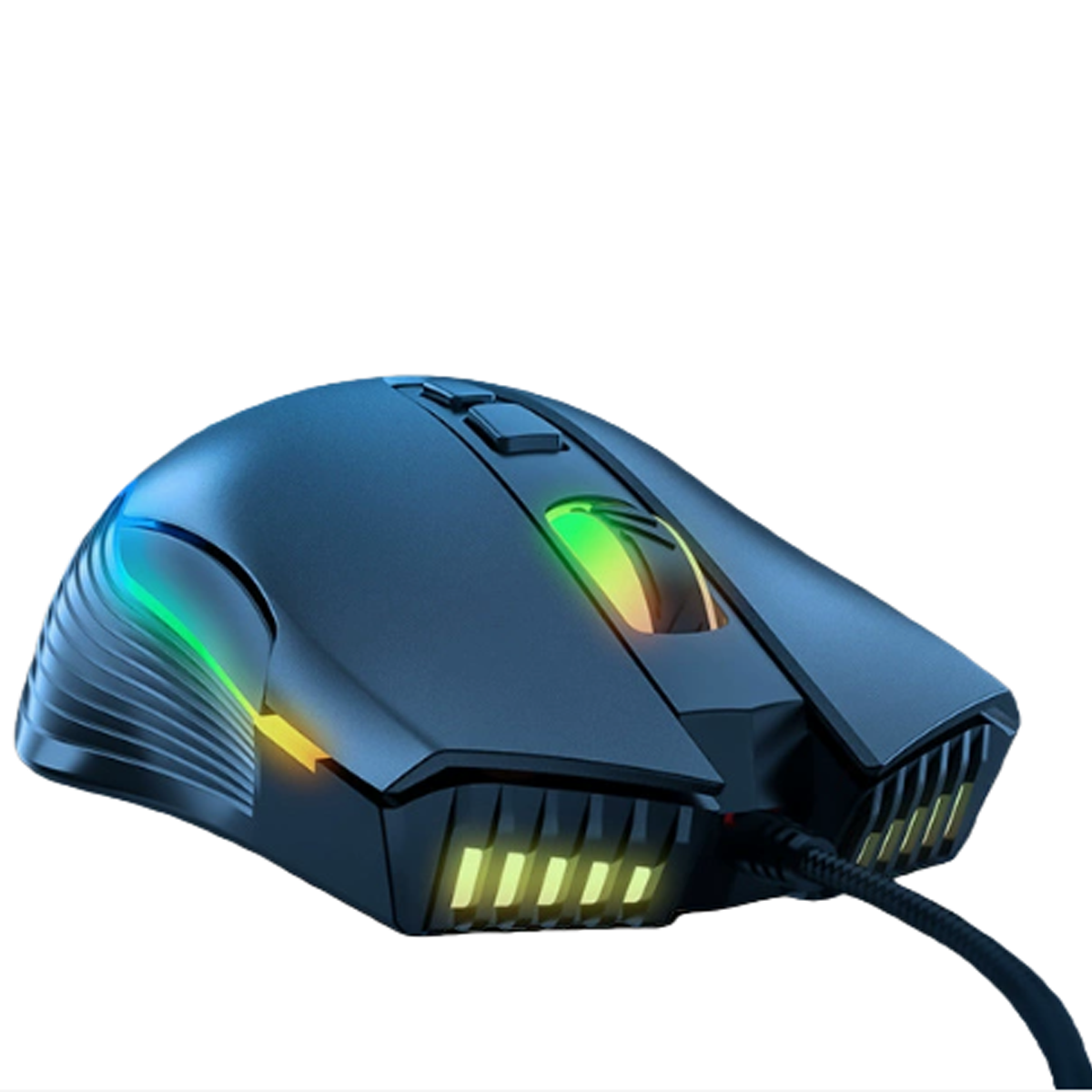 Schwarze Gaming-Maus mit RGB-Beleuchtung und Kabel.