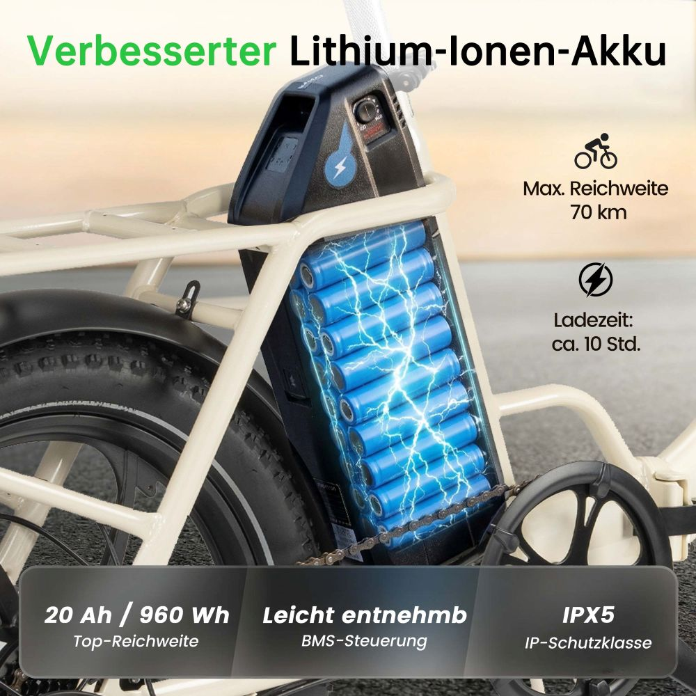 Batteria agli ioni di litio migliorata da 20 Ah/960 Wh, autonomia 70 km, carica 10 ore.