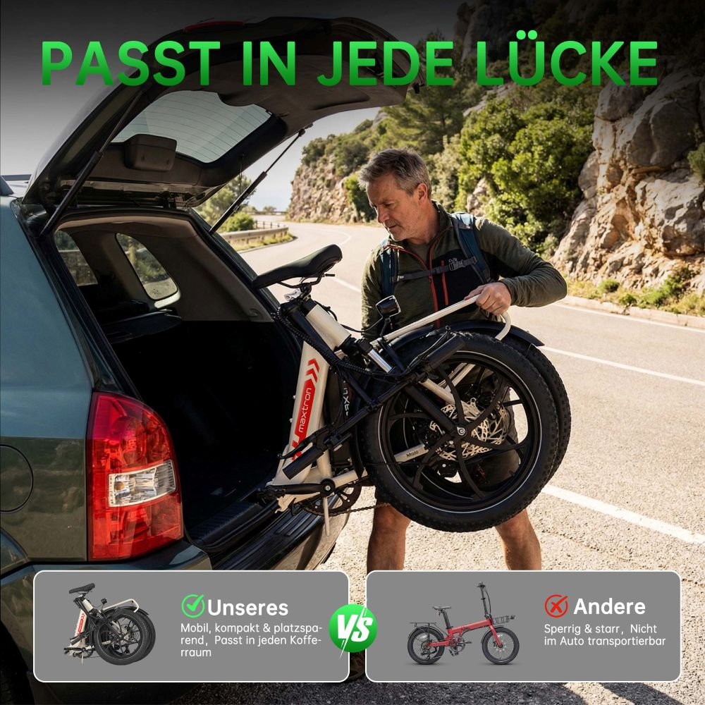 Uomo carica e-bike pieghevole in auto. Sinistra: Il nostro, Destra: Altri.