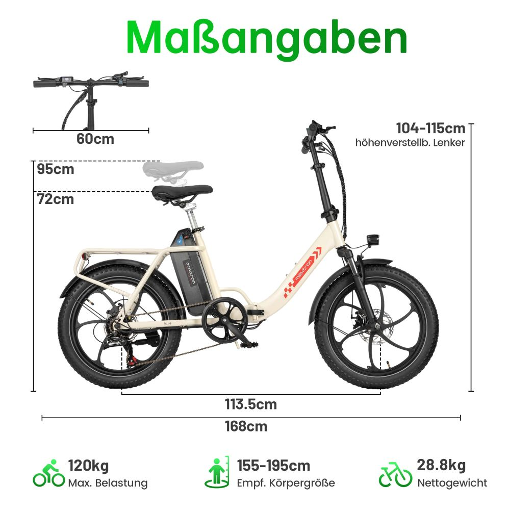 Diagramma di una bici elettrica color crema con dimensioni: 60cm, 95cm, 72cm, 104-115cm, 113,5cm, 168cm. Mostra anche 120kg carico max, 155-195cm altezza, 28,8kg peso.