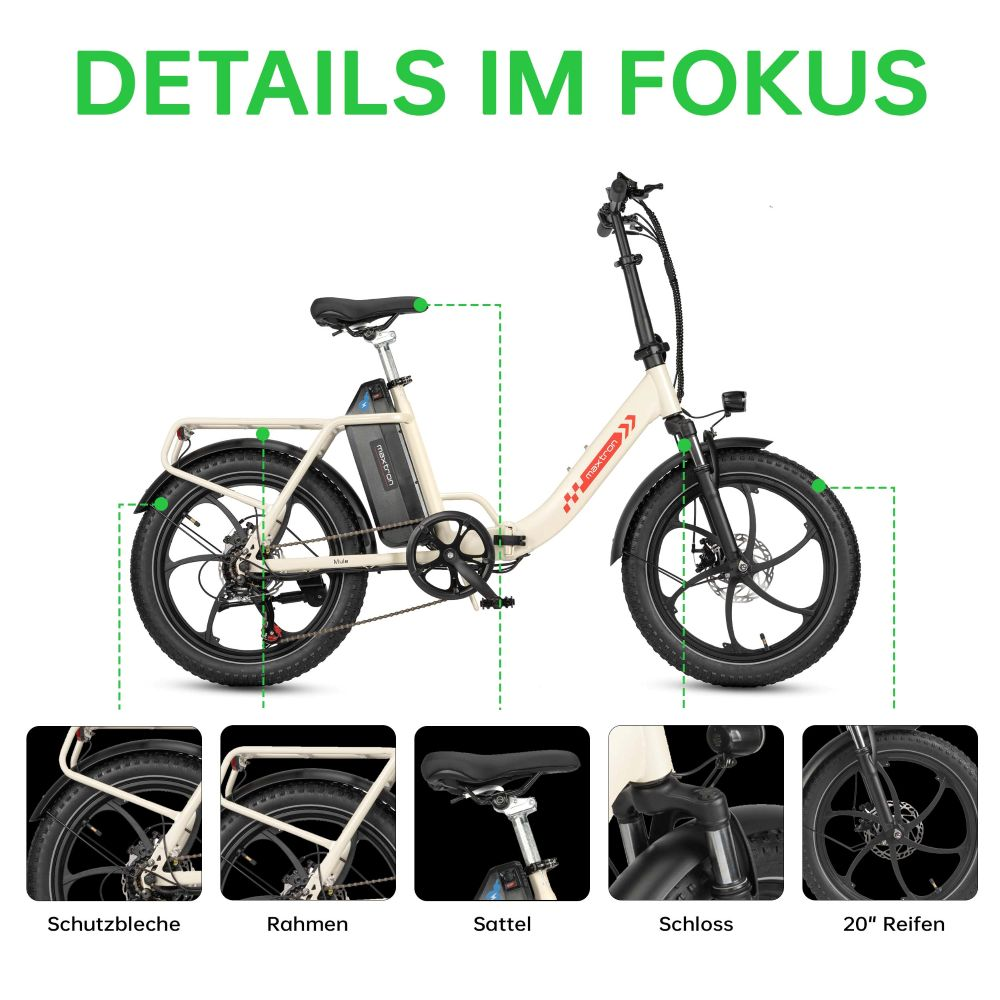 Bici elettrica pieghevole color crema con dettagli evidenziati, mostra telaio, ruote e batteria.
