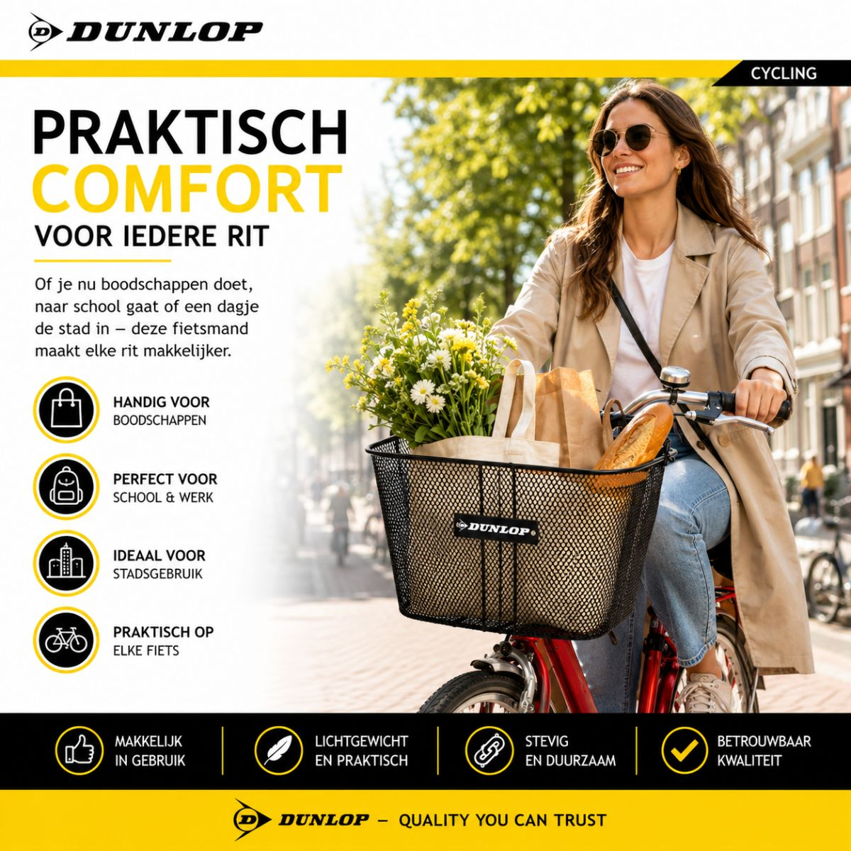 Een vrouw fietst met een mand vol bloemen en boodschappen.