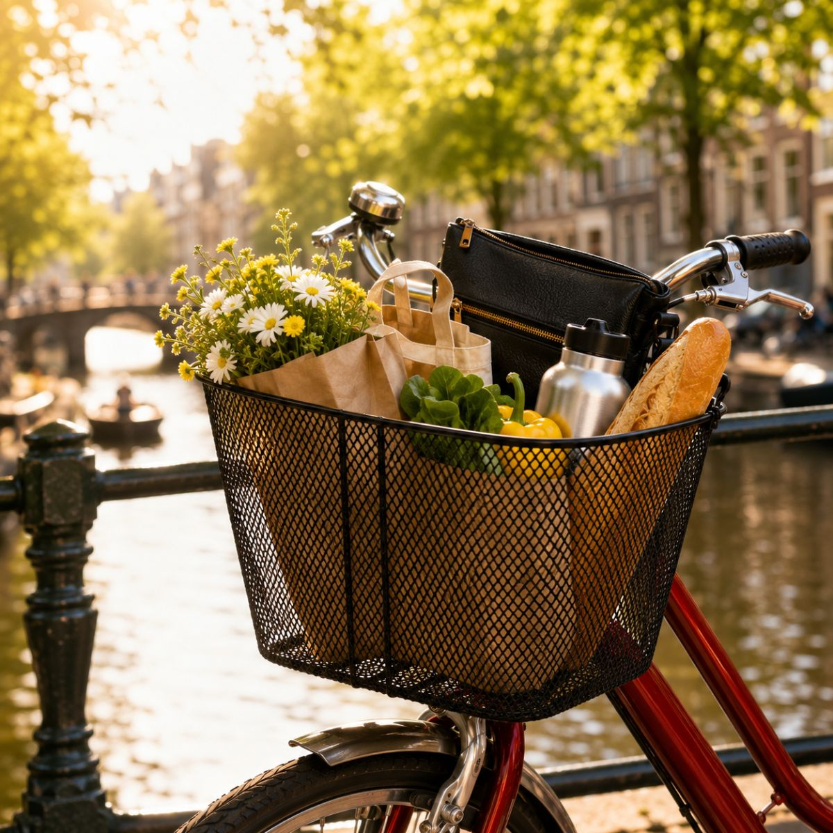 Fietsmand met bloemen, boodschappen, brood en waterfles op een brug over gracht.