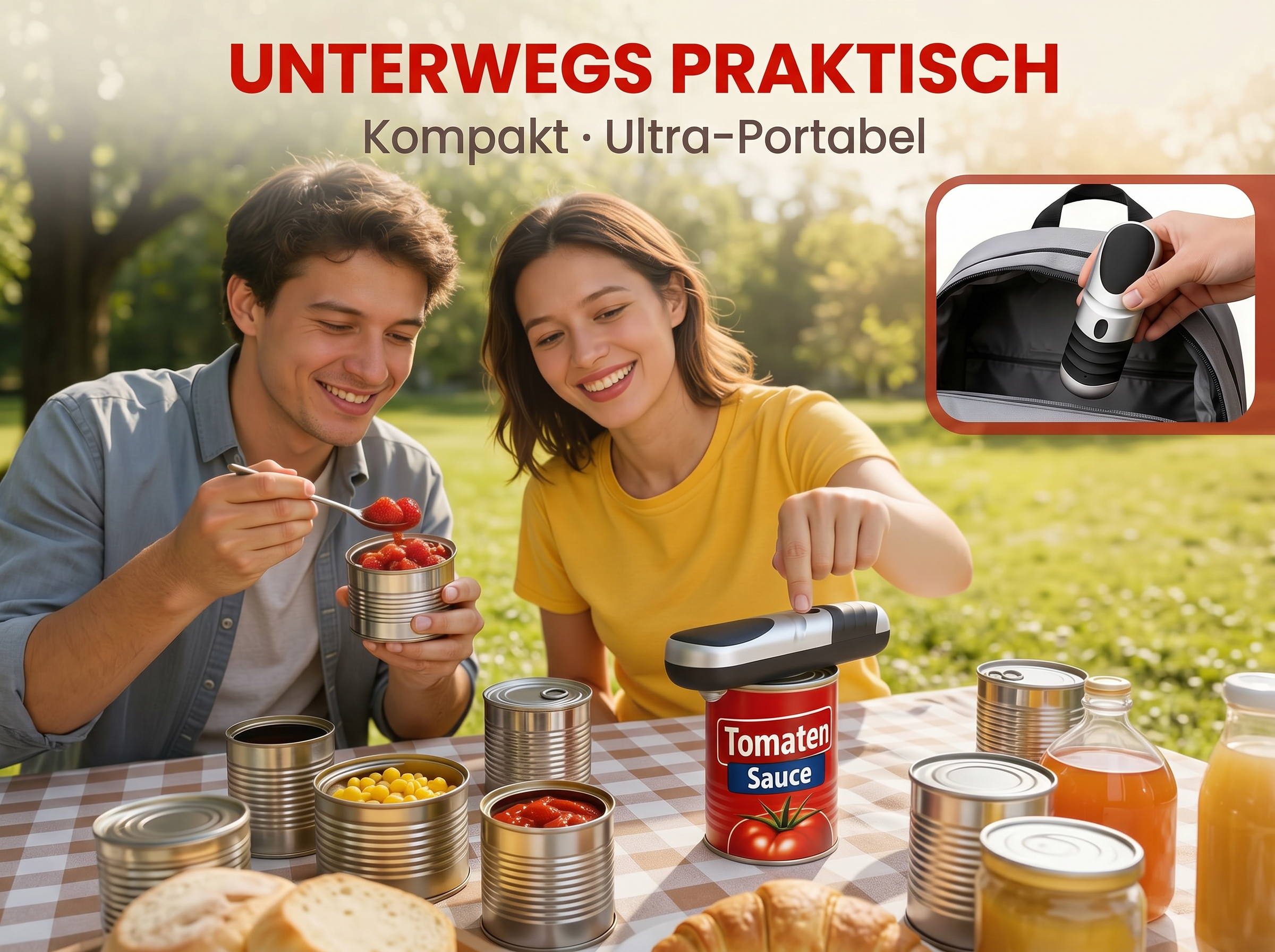 Ein Paar genießt ein Picknick mit Konserven und Brot im Freien. Ein Dosenöffner wird gezeigt.