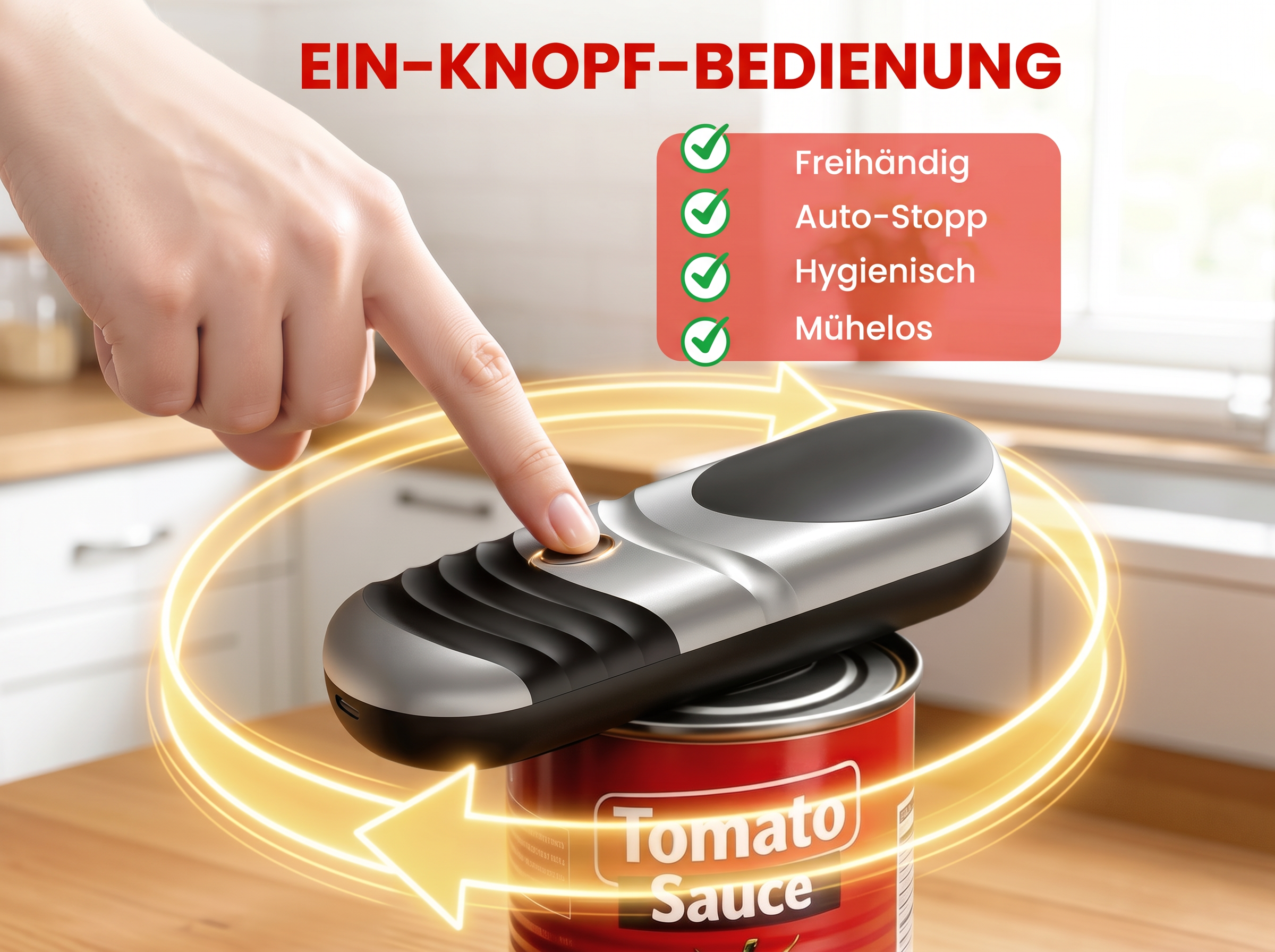 Eine Hand drückt einen Knopf an einem silbernen Dosenöffner auf einer roten Tomatensoßen-Dose.