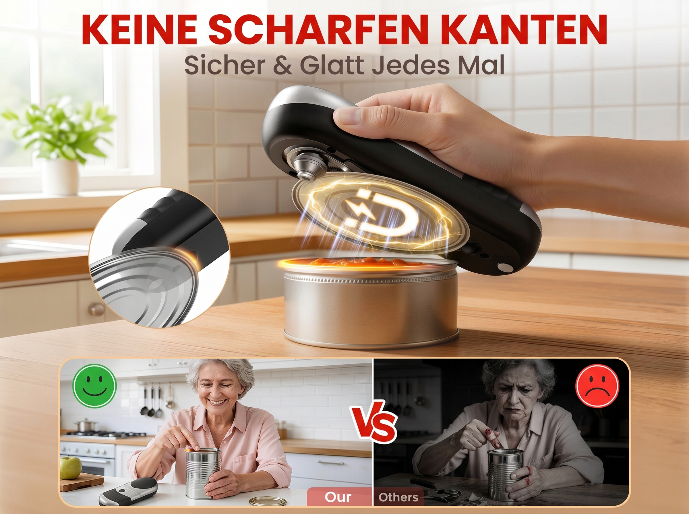 Elektrischer Dosenöffner öffnet Dose; Vergleich mit zwei Frauen, eine glücklich, eine verletzt.