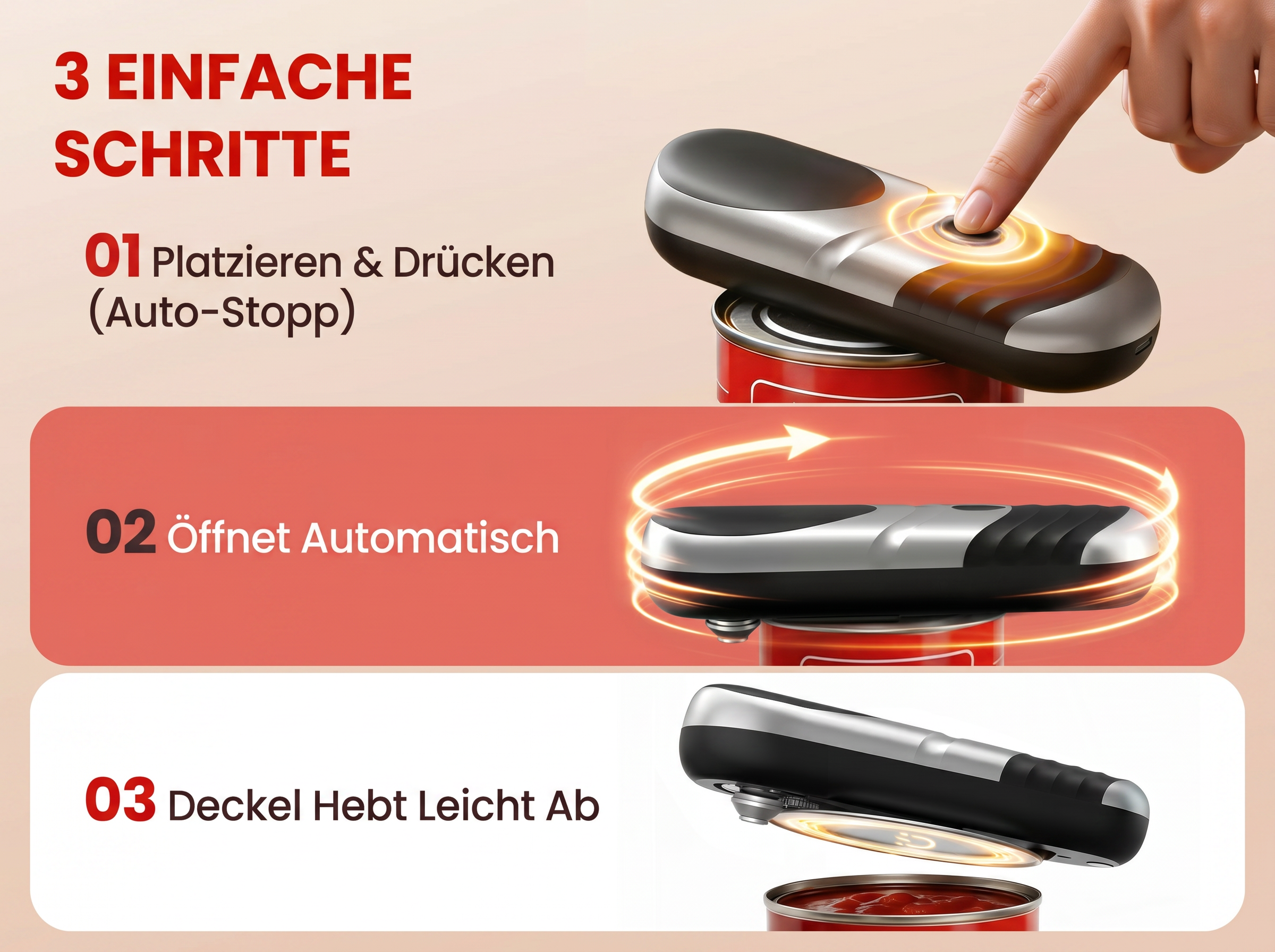 Ein elektrischer Dosenöffner auf einer roten Dose, der in drei Schritten gezeigt wird.