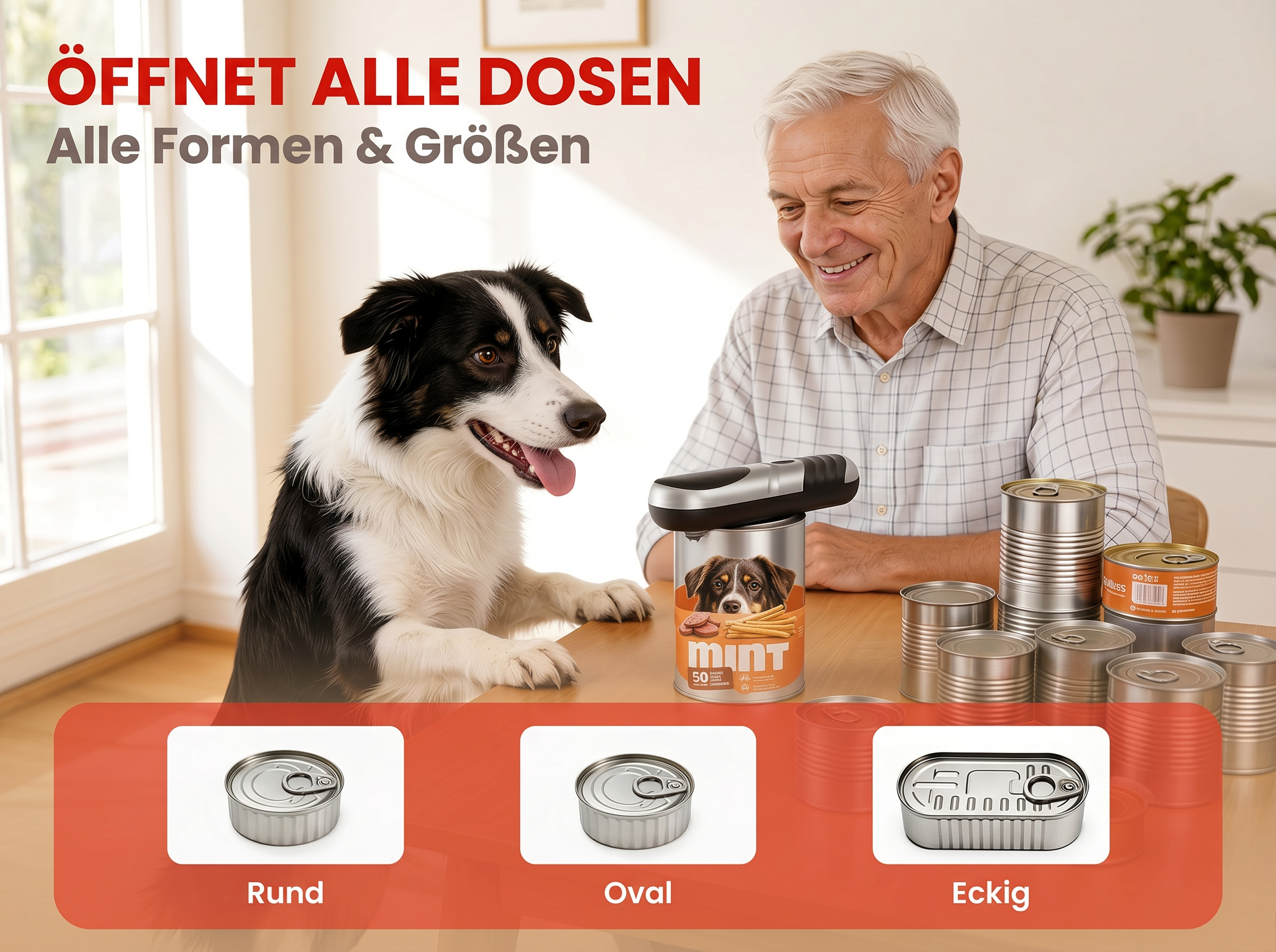 Ein Mann und ein Hund sitzen am Tisch mit vielen Dosen und einem Dosenöffner.