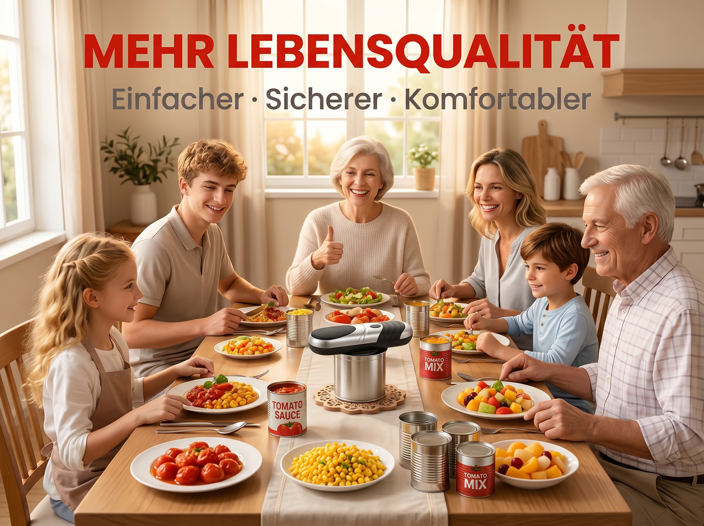 Eine Familie isst am Tisch. Es gibt Obstsalat, Mais und Tomaten. Ein Dosenöffner steht auf dem Tisch.