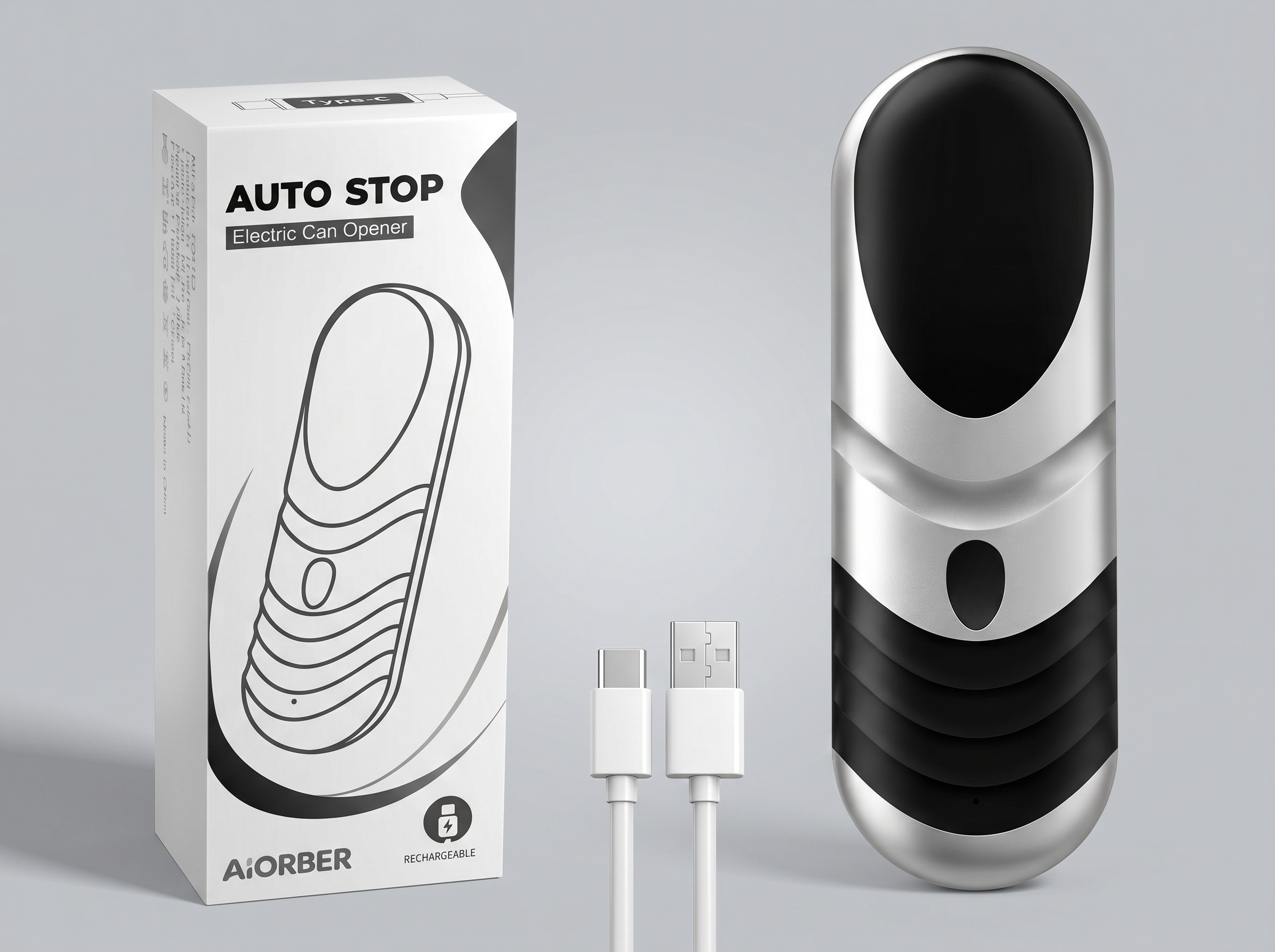 Elektrischer Dosenöffner mit Box und USB-C-Kabel.