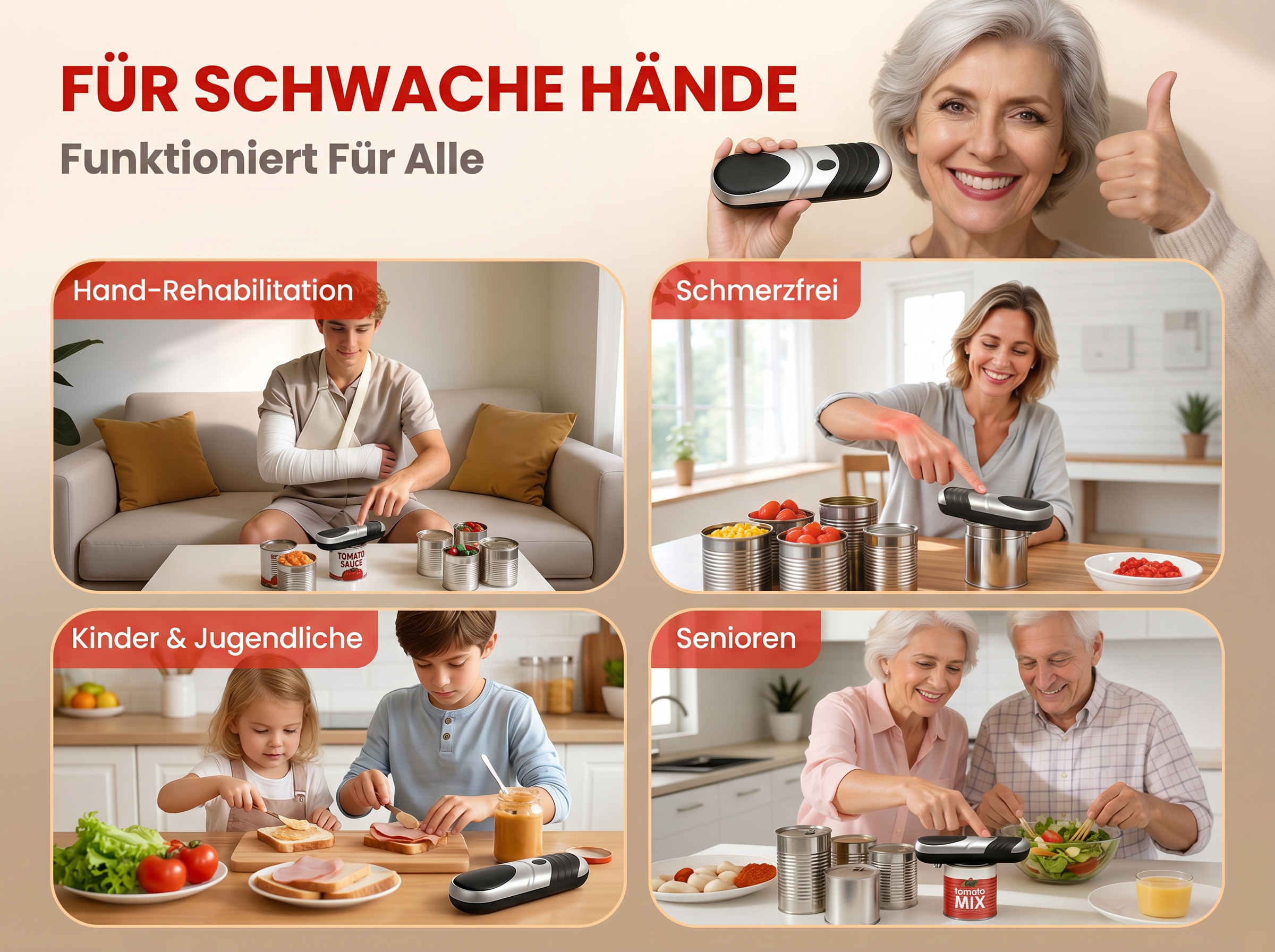 Collage: Frau hält Dosenöffner. Mann mit Gips benutzt Öffner. Frau mit roter Hand benutzt Öffner. Kinder machen Sandwiches. Senioren machen Salat.