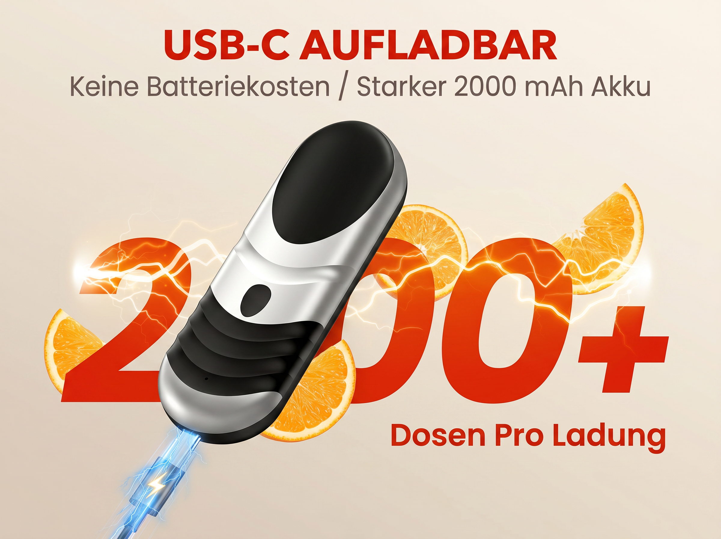 USB-C aufladbar mit 2000mAh Akku, 200+ Dosen pro Ladung.