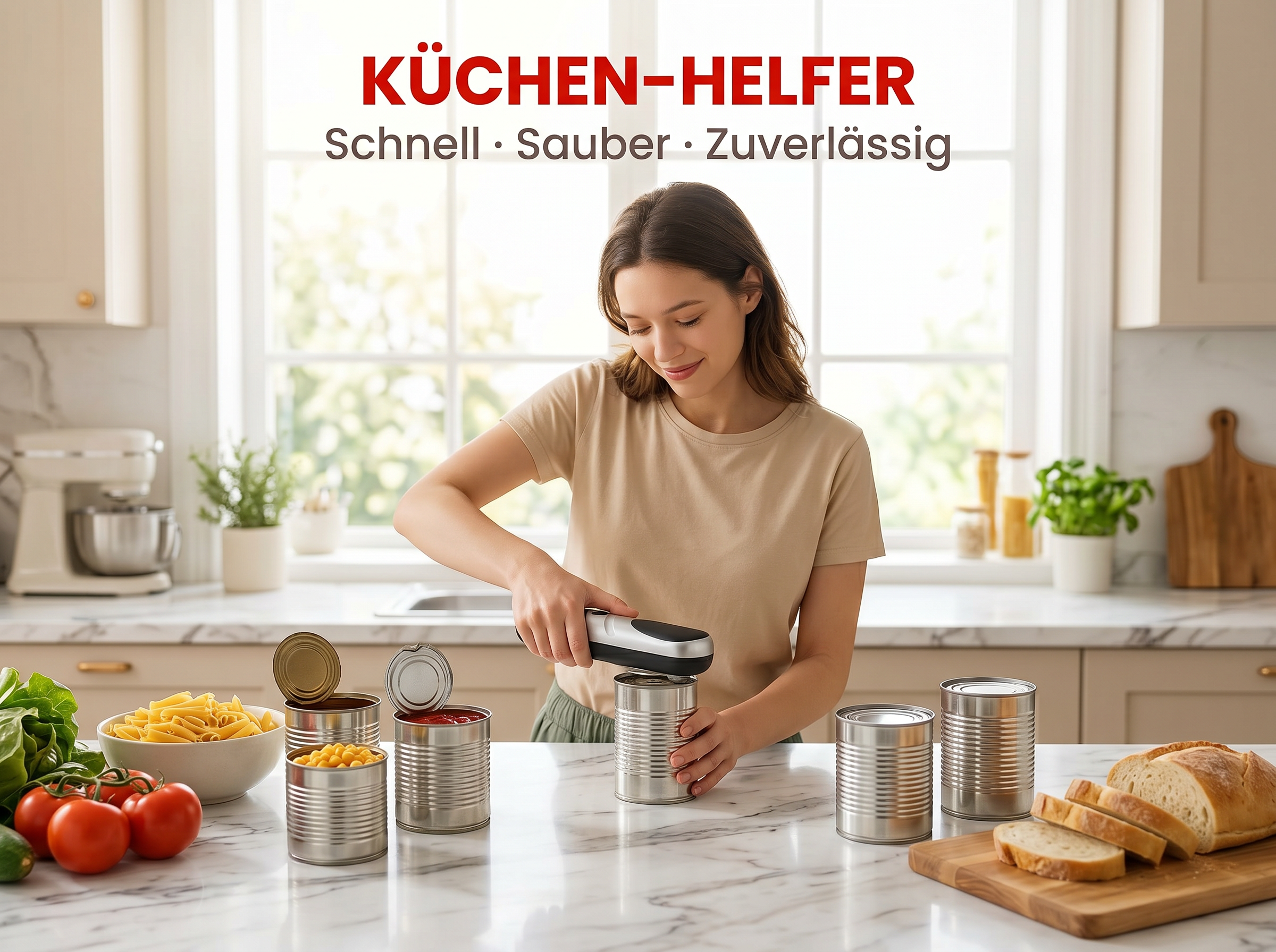 Frau öffnet eine Konserve mit einem elektrischen Dosenöffner in einer hellen Küche.