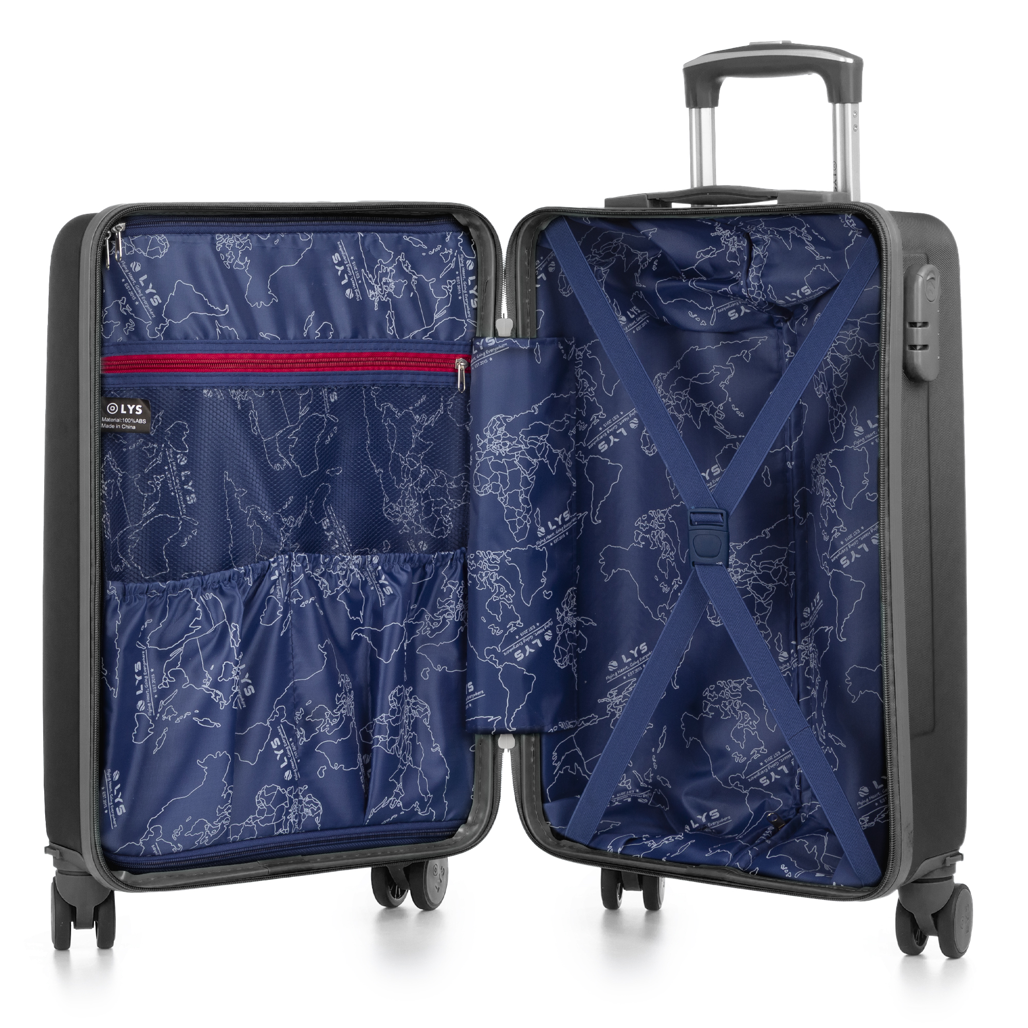 Una maleta negra abierta con forro de mapa mundial y asa telescópica.