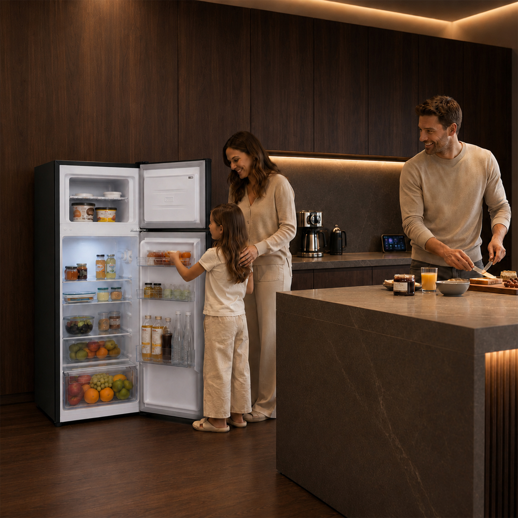 Een gezin in een moderne keuken met de koelkast open.