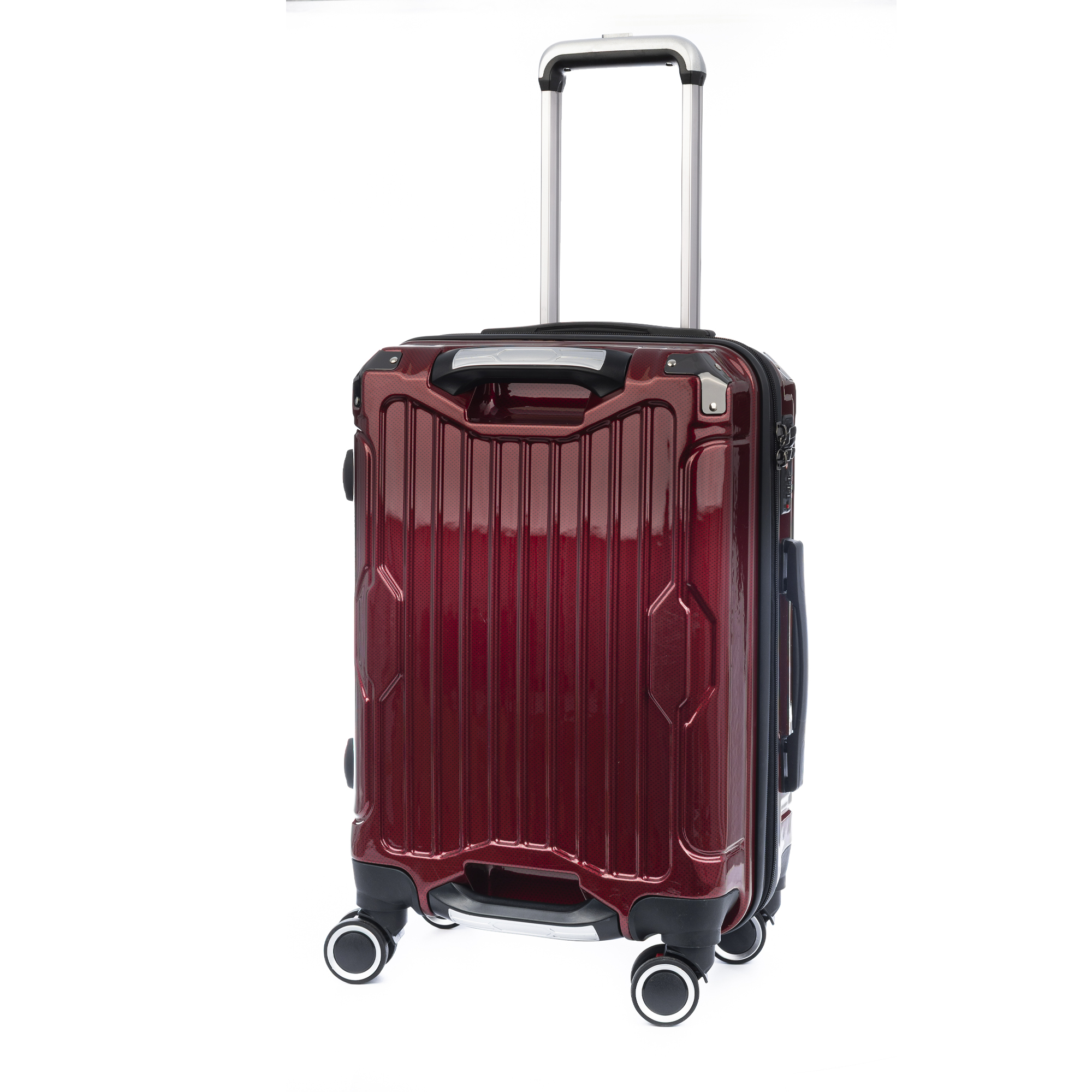 Una maleta de ruedas roja brillante con asa retráctil y cuatro ruedas.