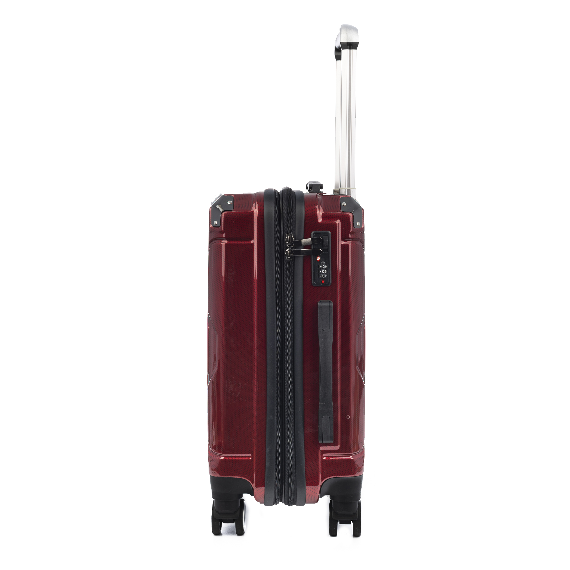 Una maleta roja con asa plateada y candado de combinación.