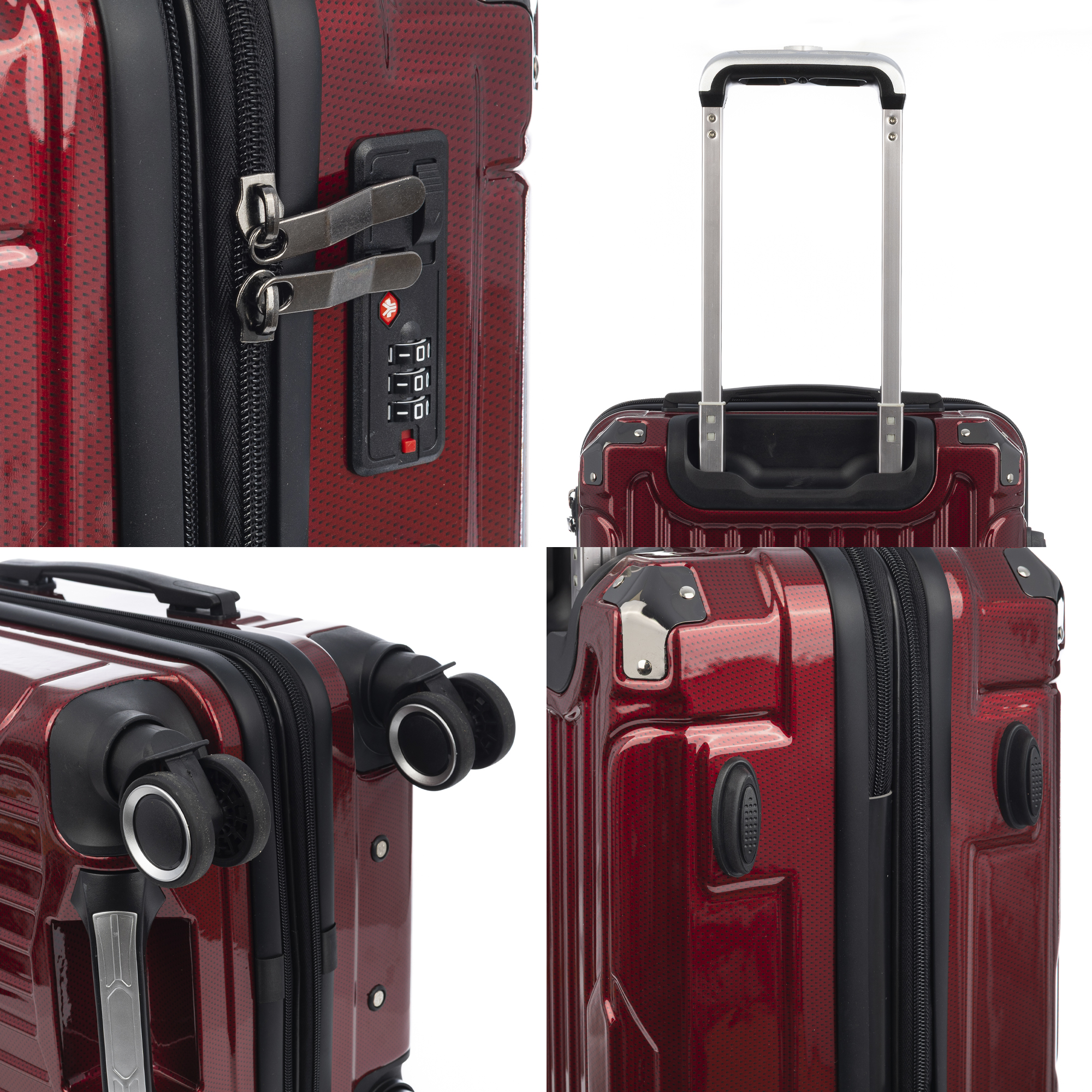 Maleta roja con candado TSA, asa extensible y ruedas.