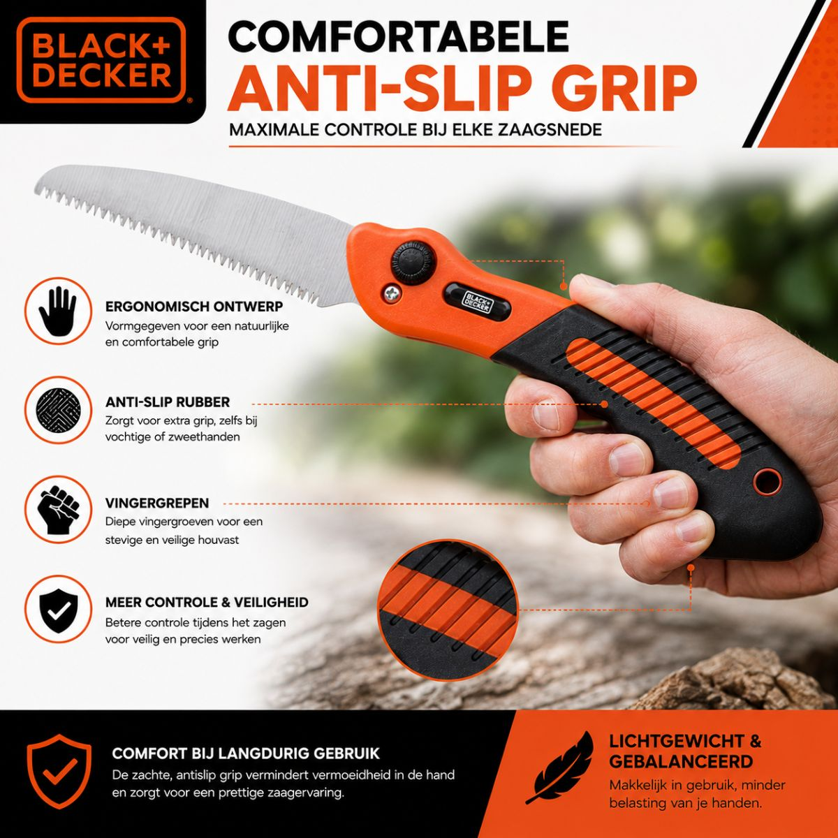Zwarte en oranje Black+Decker zaag met ergonomisch handvat, vastgehouden door een hand.