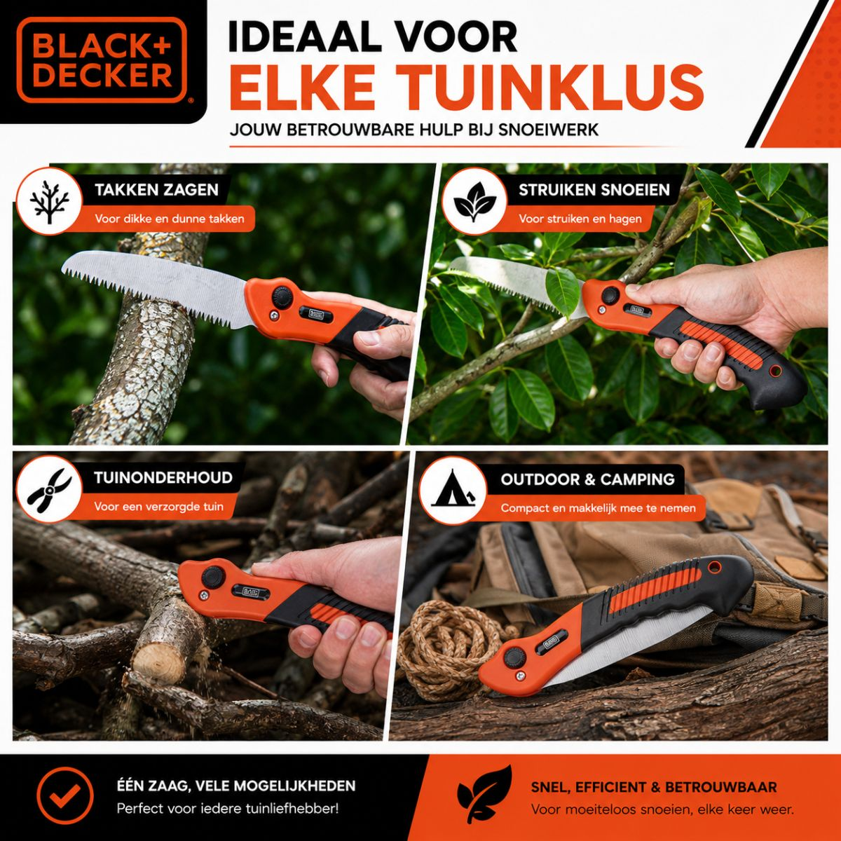 Vier afbeeldingen van een inklapbare zaag voor tuinieren en kamperen.