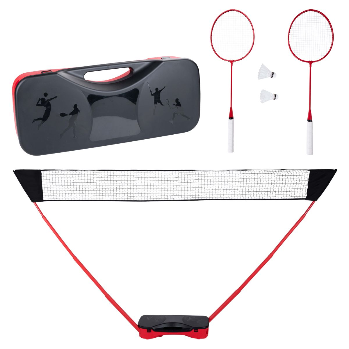 Badminton set met rackets, shuttles, net en koffer.