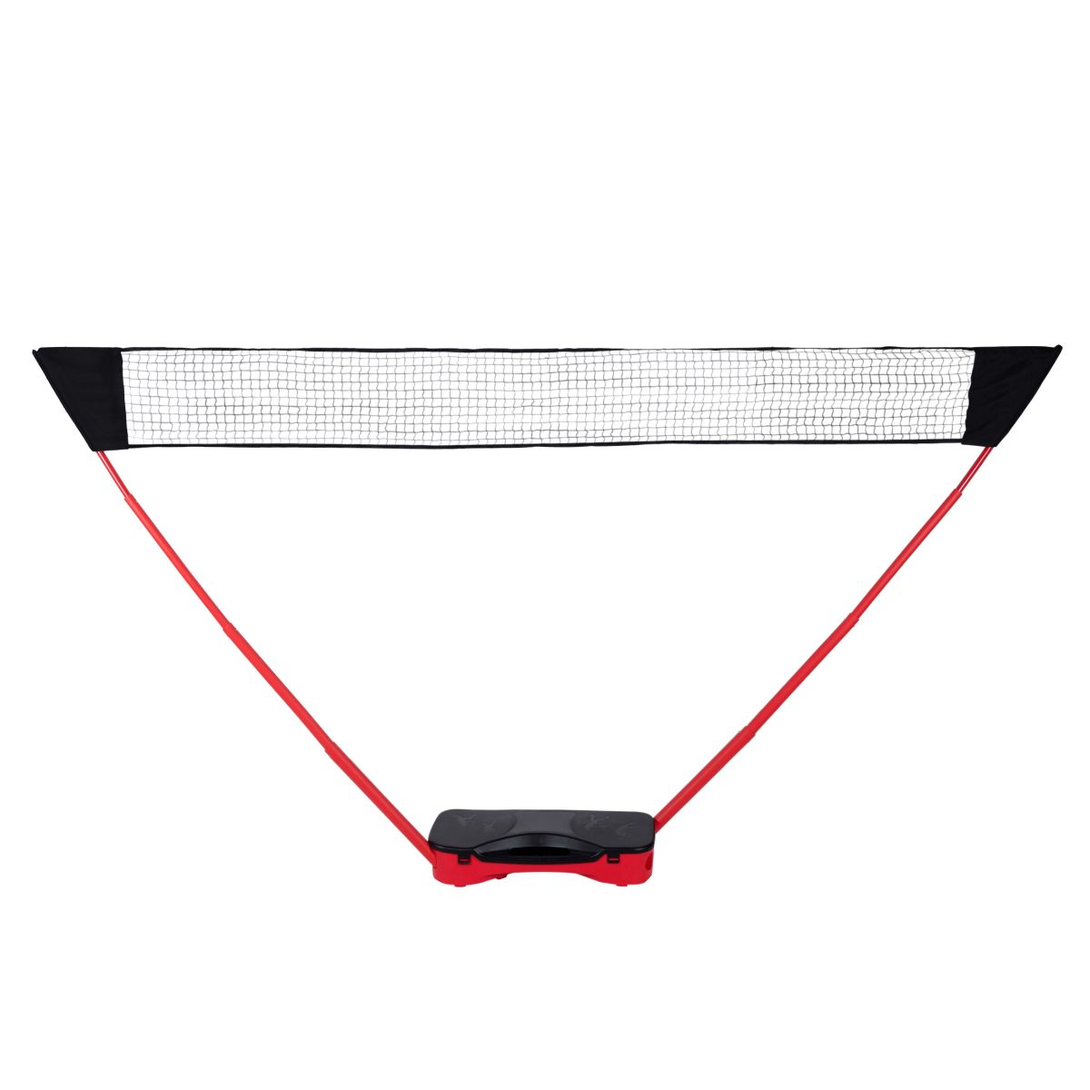 Een draagbaar badmintonnet met een rood frame en zwart net.