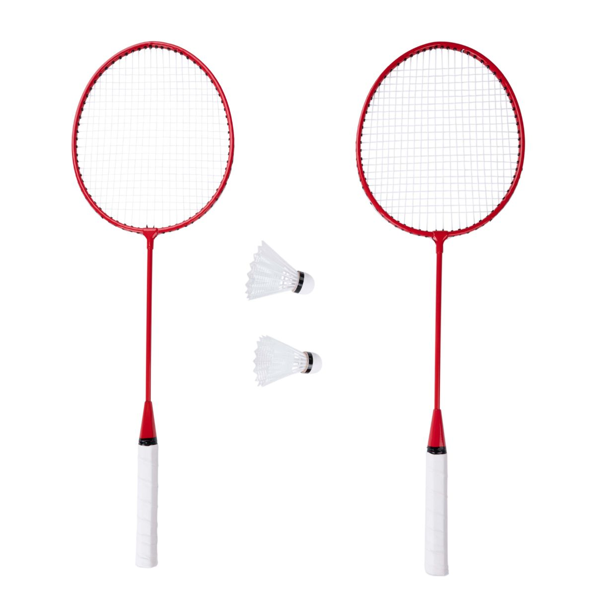 Twee rode badmintonrackets met witte handvatten en twee witte shuttlecocks op een witte achtergrond.