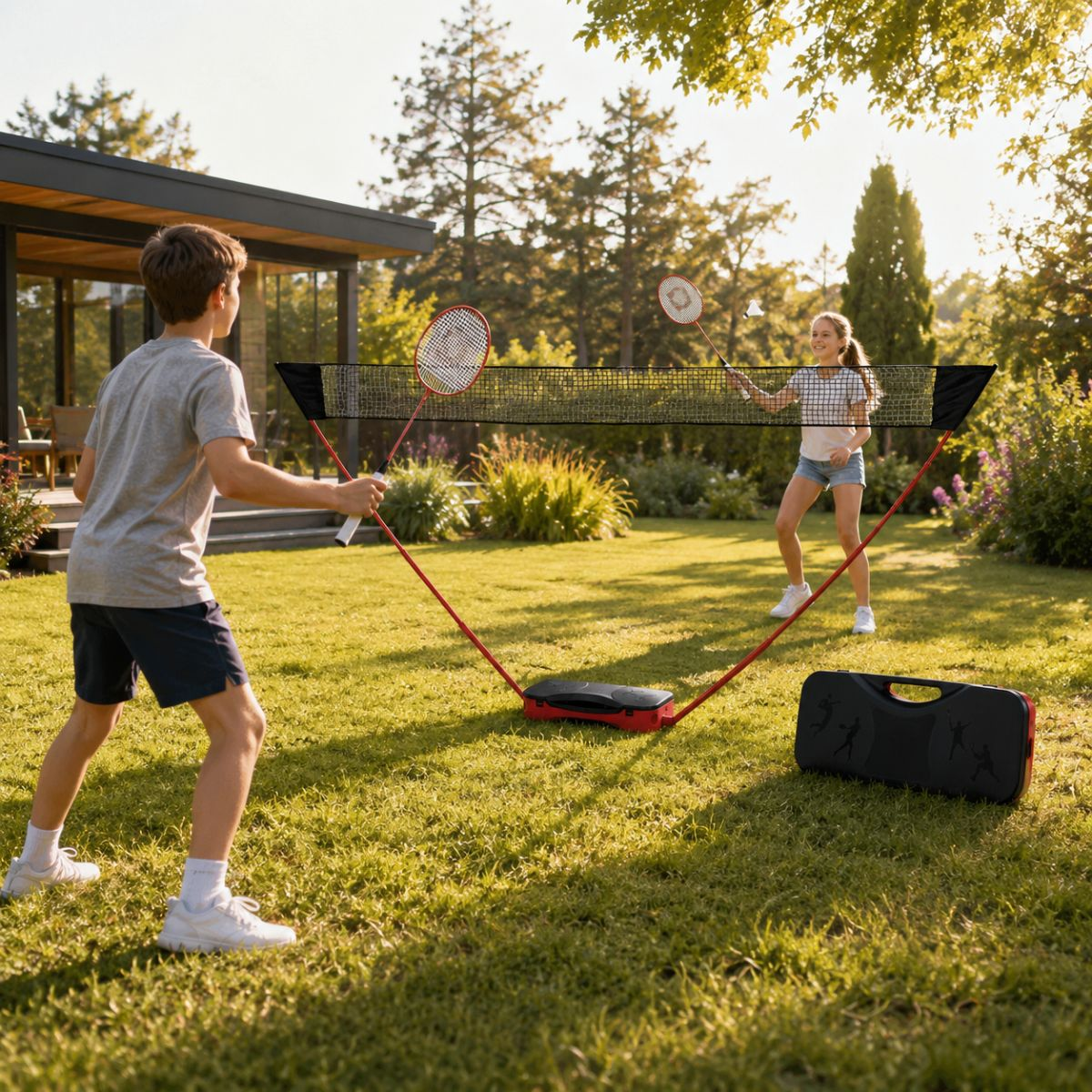 Kinderen spelen badminton in een tuin met net en rackets.