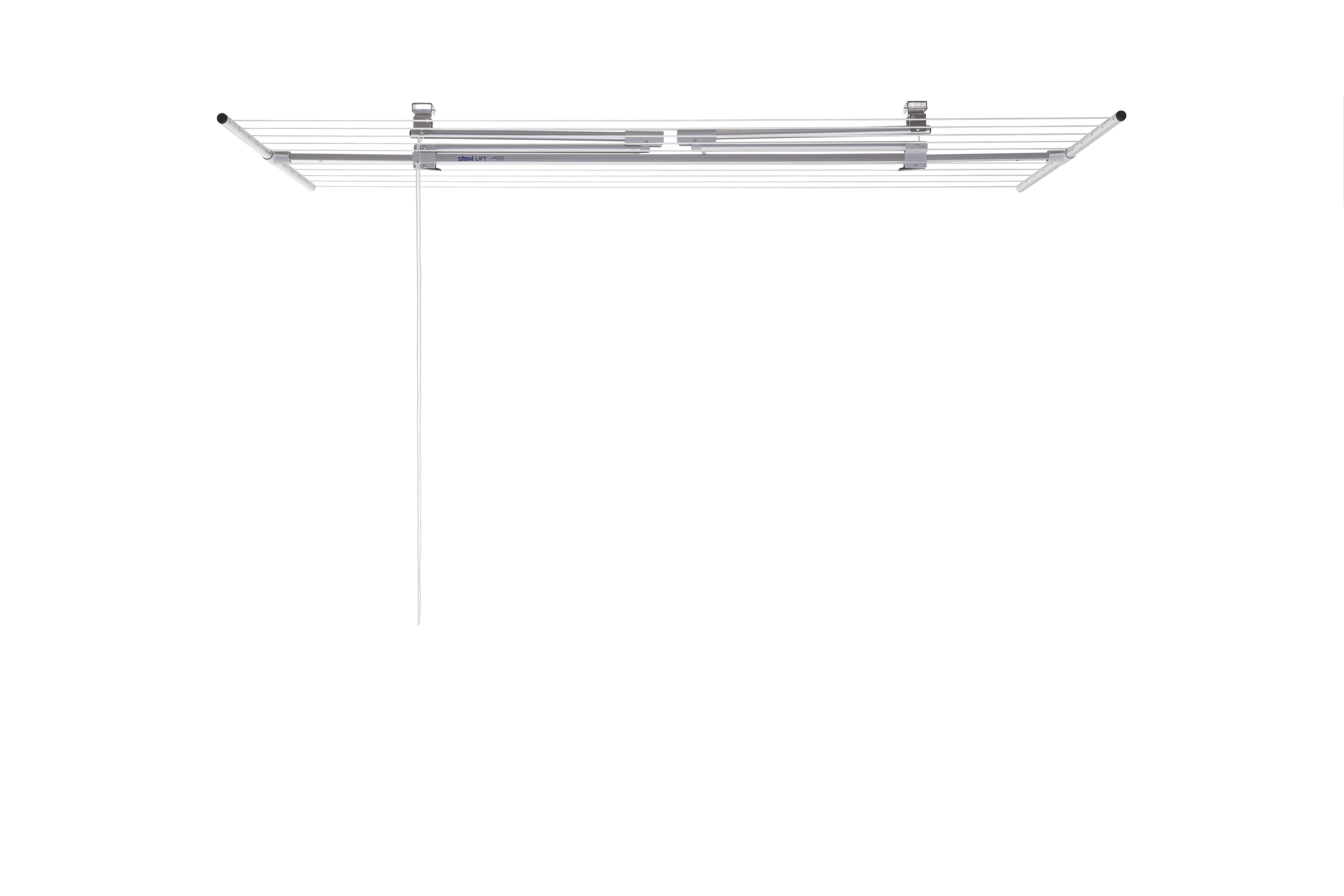 Ein ausziehbarer Wäschetrockner aus Metall mit Seilen, an der Decke montiert.