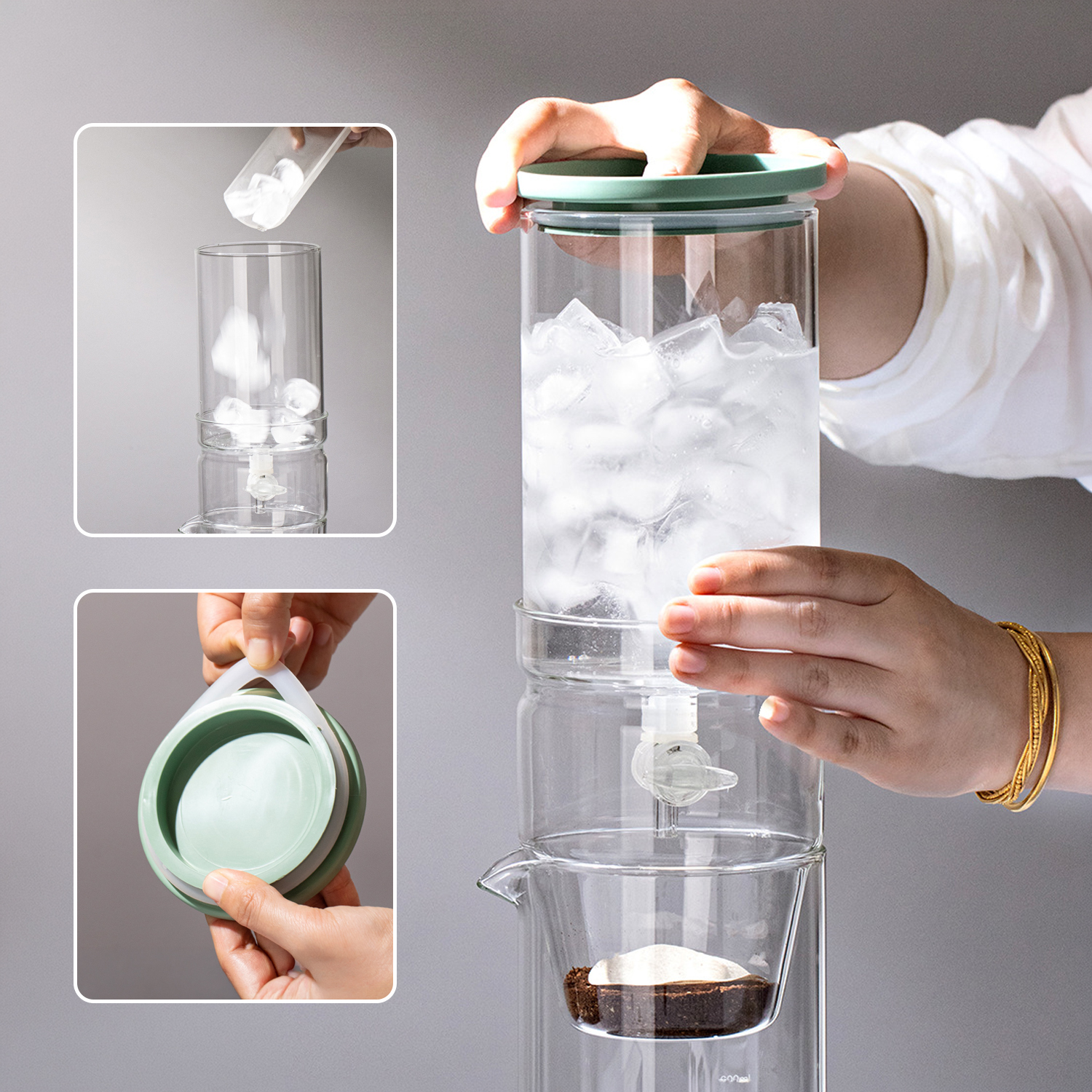 Una cafetera de infusión en frío de vidrio con hielo y posos de café.