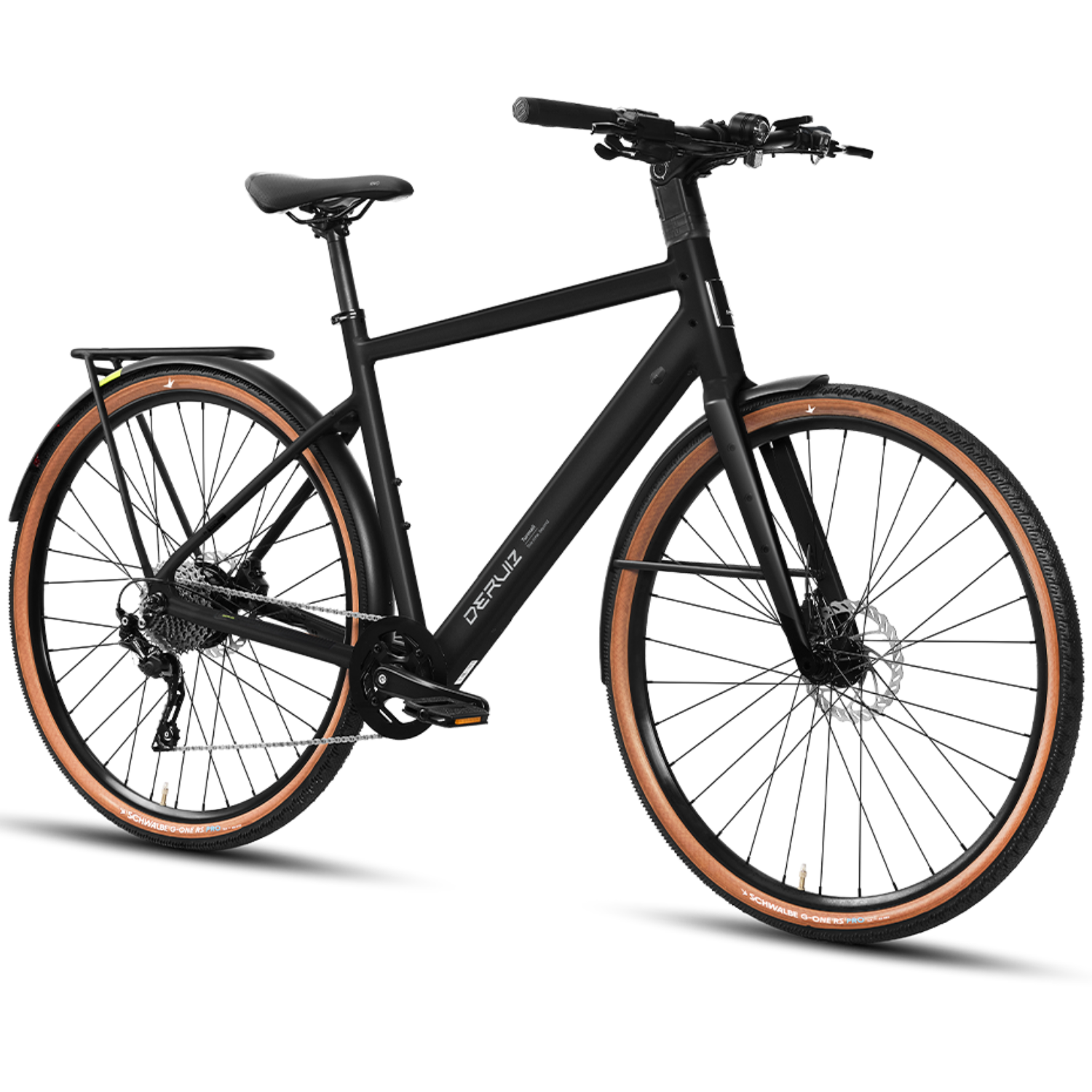 Schwarzes Fahrrad mit braunen Reifen, Gepäckträger und Schutzblechen.