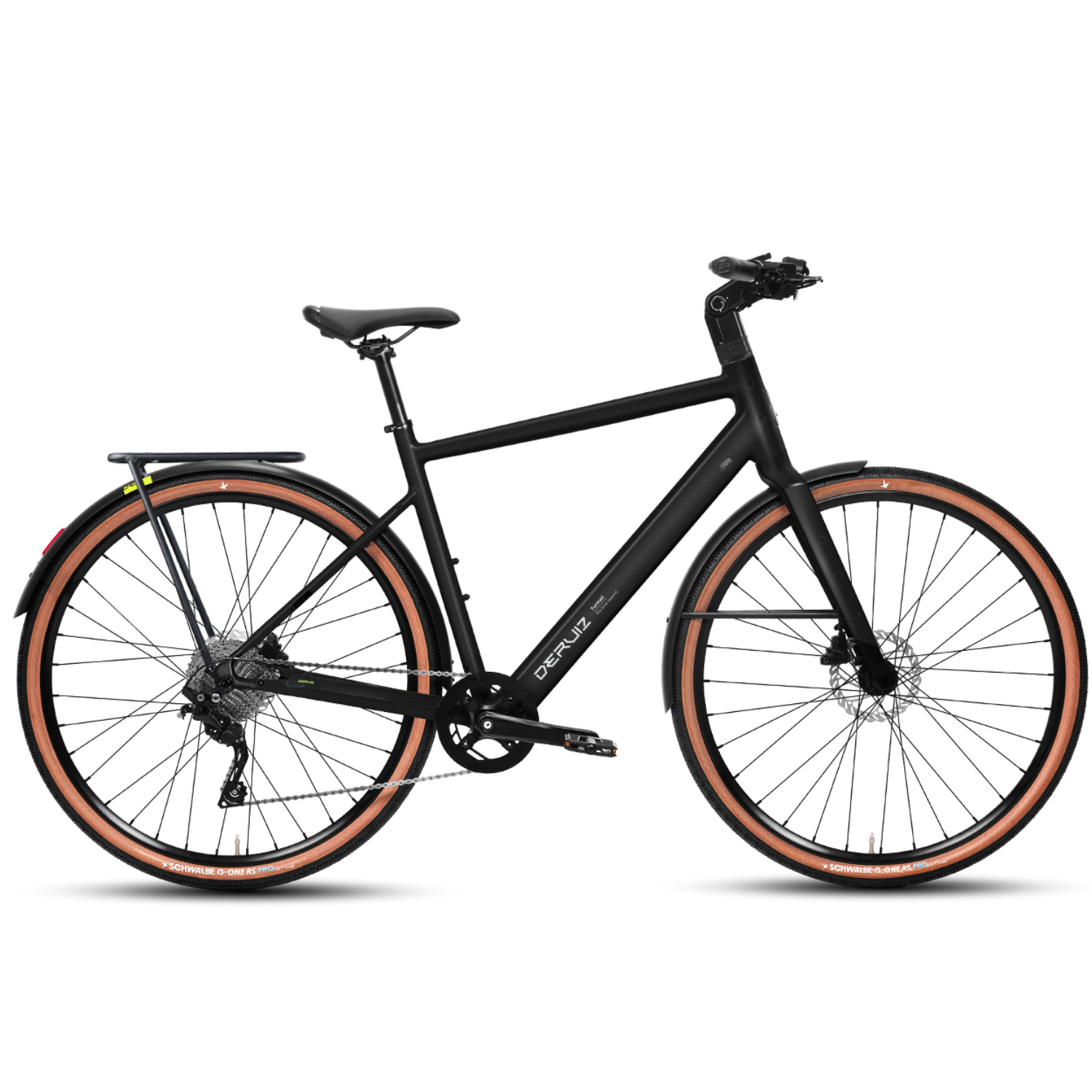Schwarzes Fahrrad mit braunen Reifen, Gepäckträger und Schutzblechen.