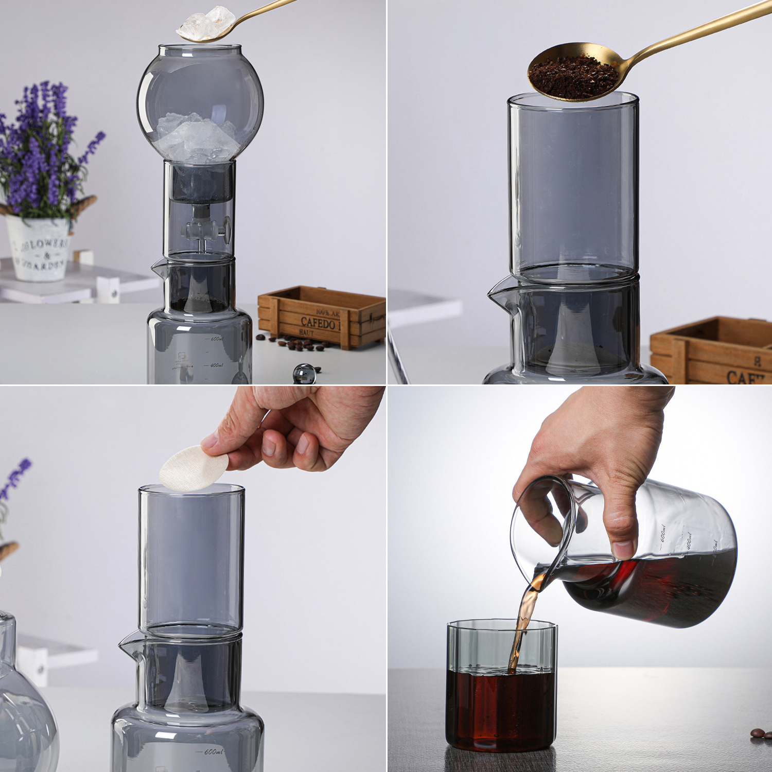 Se muestra una cafetera de vidrio con hielo, posos de café y papel de filtro.