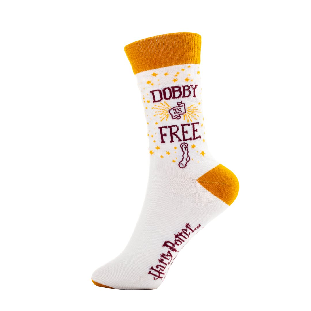 Calcetín blanco con detalles amarillos que dice "Dobby es libre".