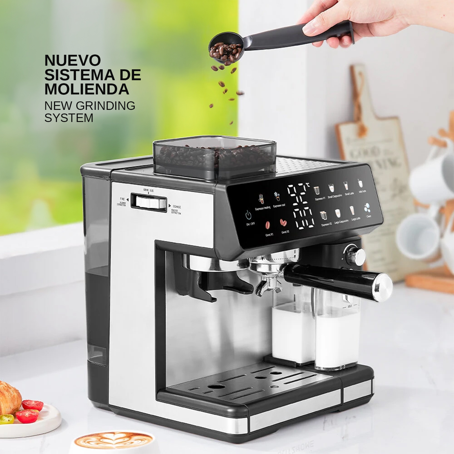 Eine Espressomaschine mit Kaffeebohnen, Milchbehältern und Display.