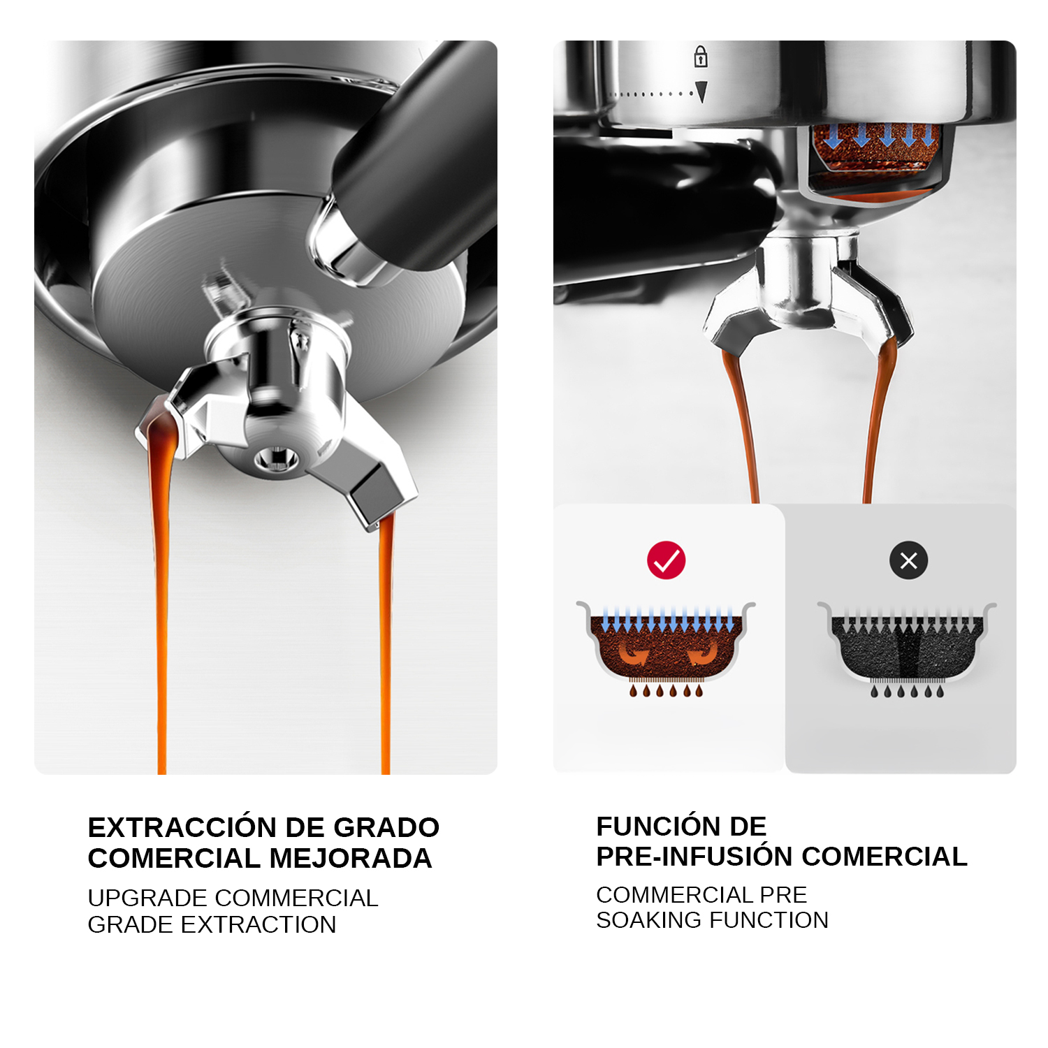 Espressomaschine mit zwei Darstellungen: Kaffee fließt und Pre-Soaking-Funktion.
