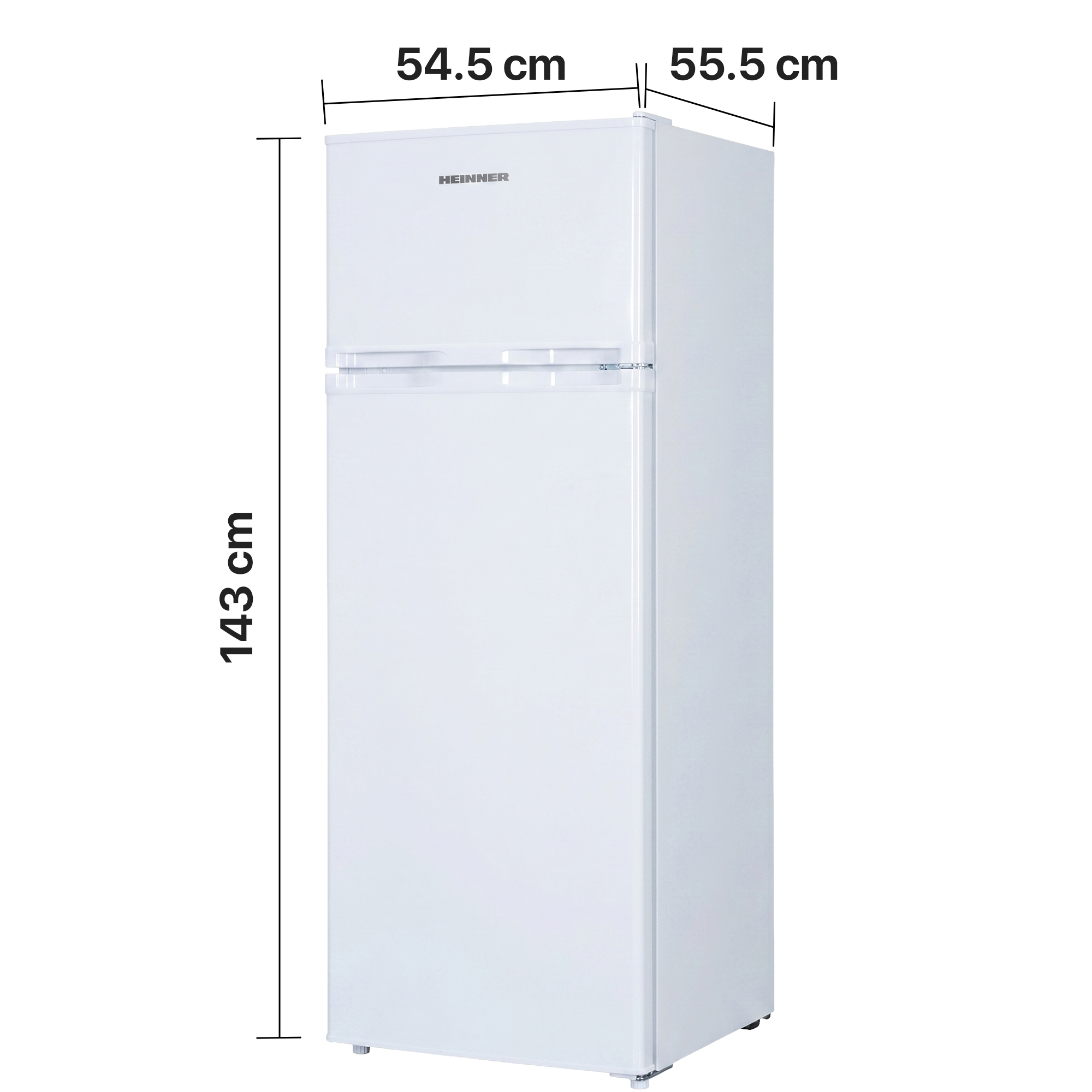 Een witte HEINNER koelkast met vriesvak, 143cm hoog, 54.5cm breed.