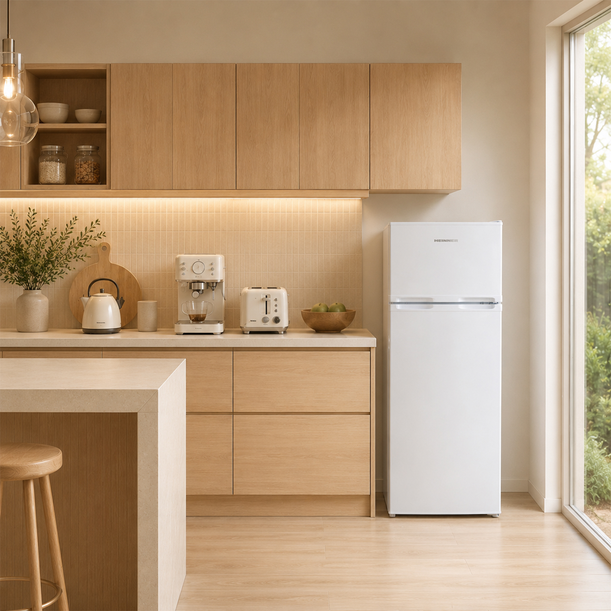 Moderne houten keuken met witte koelkast, koffiezetapparaat en broodrooster.