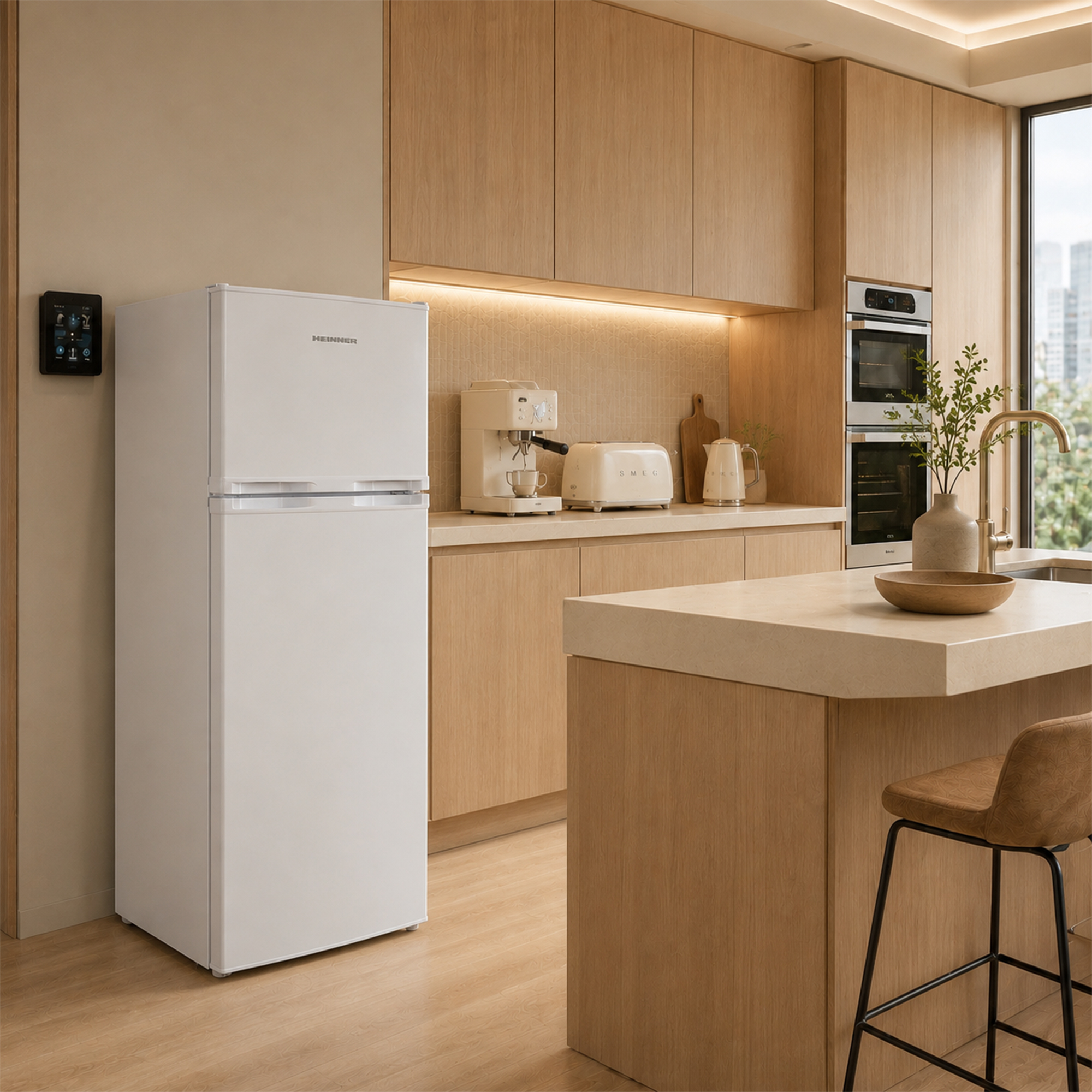 Moderne keuken met witte apparaten, houten kasten en een eiland.