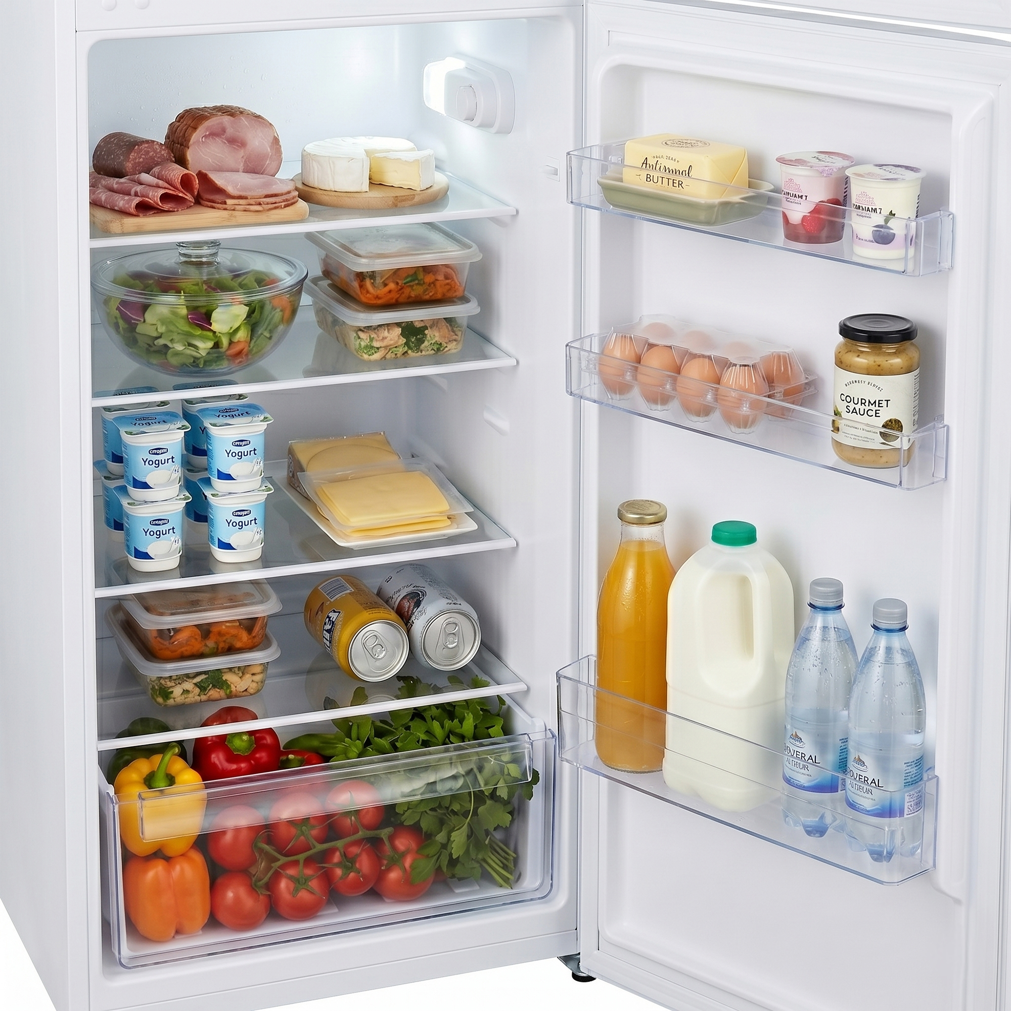 Een volle koelkast gevuld met voedsel zoals vlees, kaas, salades, yoghurt, eieren, dranken en groenten.