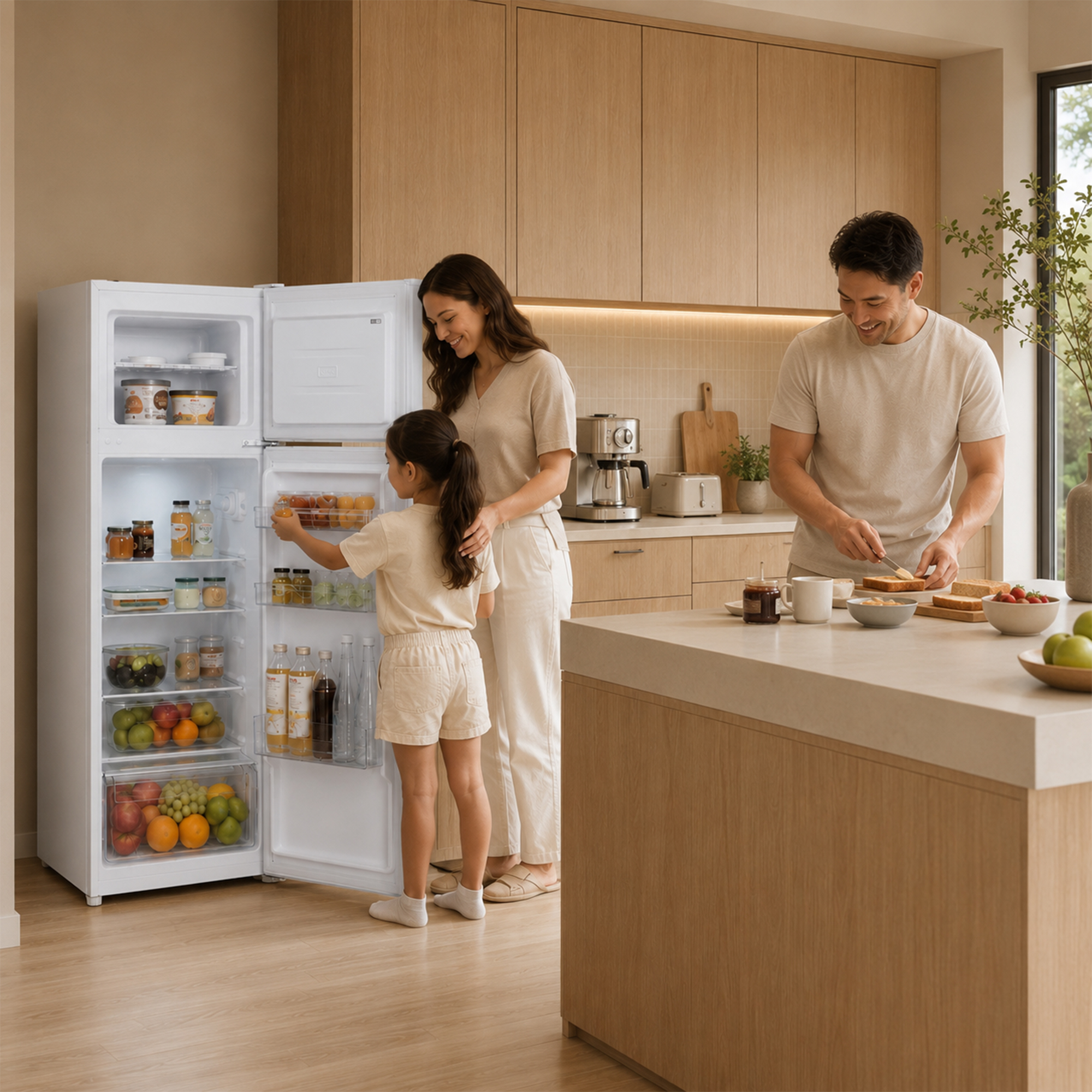 Familie in lichte keuken: kind reikt in open koelkast, man maakt broodjes.